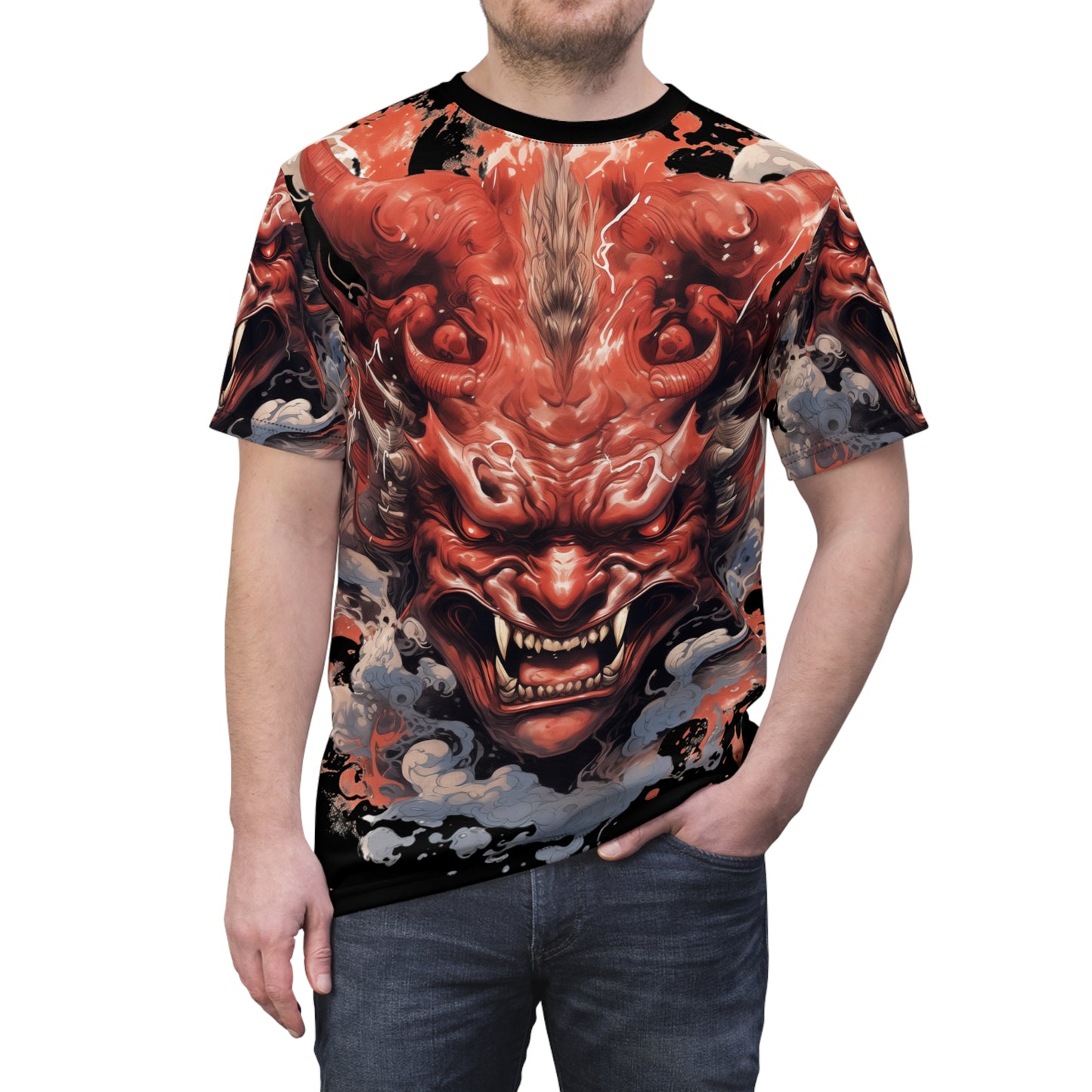 Japanese Oni Mask Explosion Unisex AOP Tee - Anime, Kabuki, Manga, Weeb, Otaku, Geek, Nerd, Japan