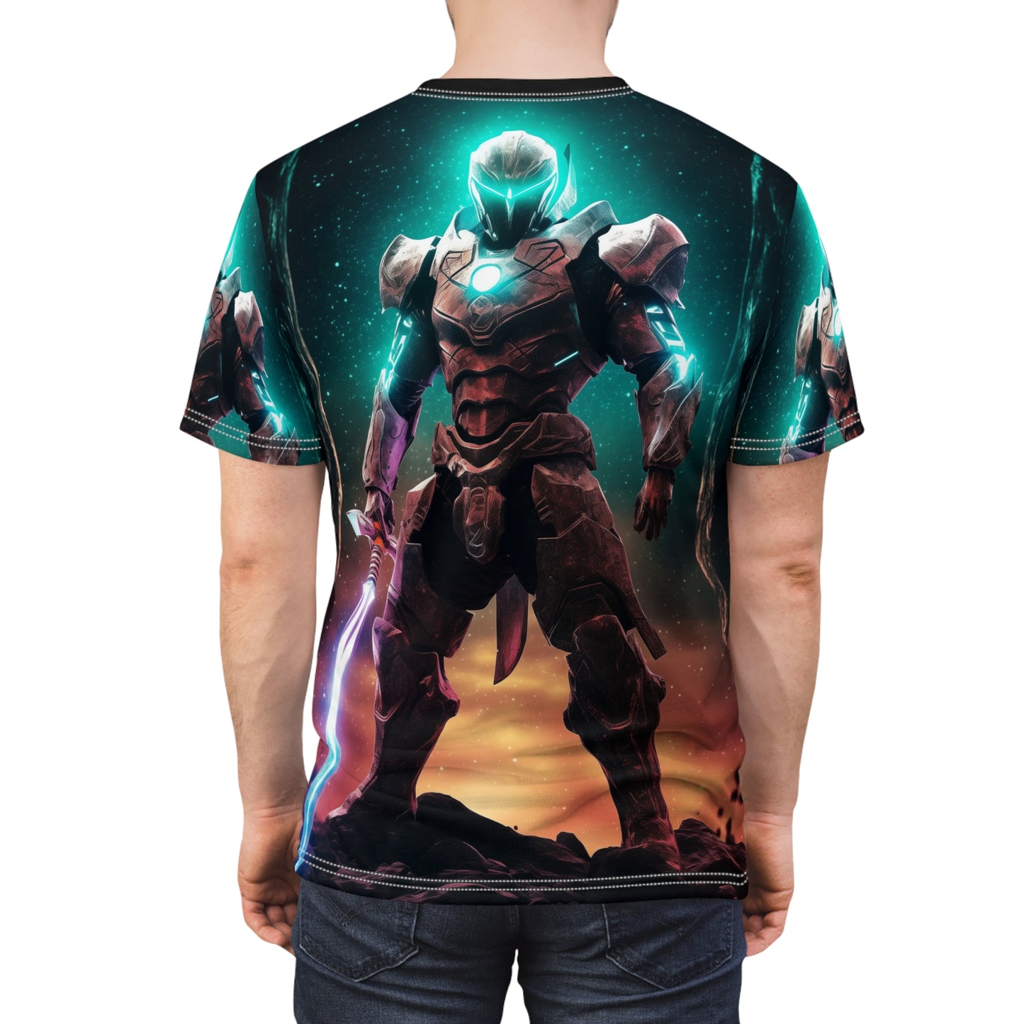 The Last Star Paladin Futuristic Sci-Fi AOP Unisex Tee – Heroic Design, Power Knight, Space Ranger, Armor, Energy Sword, Geek, Nerd