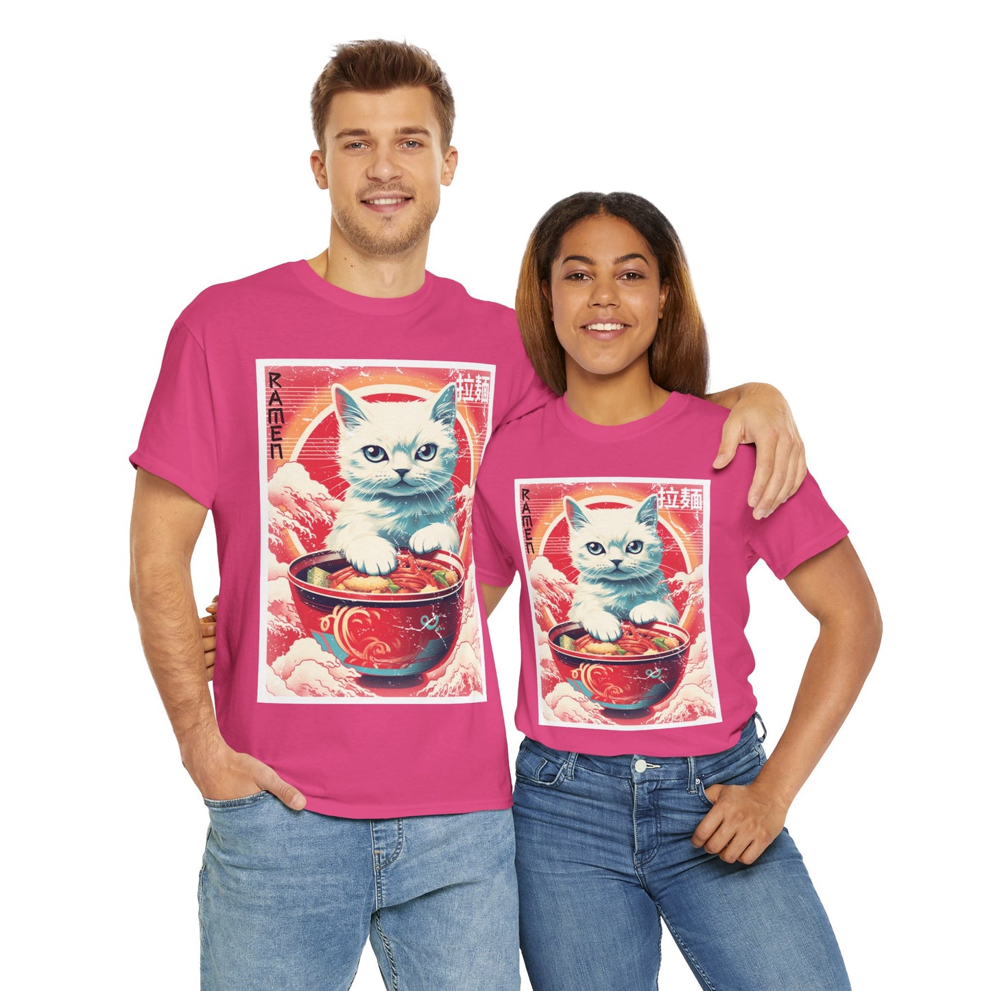 Cute Kawaii Anime Cat Eating Ramen Unisex Heavy Cotton Tee Shirt T-Shirt - Perfect for Animal Lovers and Foodies, Vintage Ad Style, Geek, Nerd