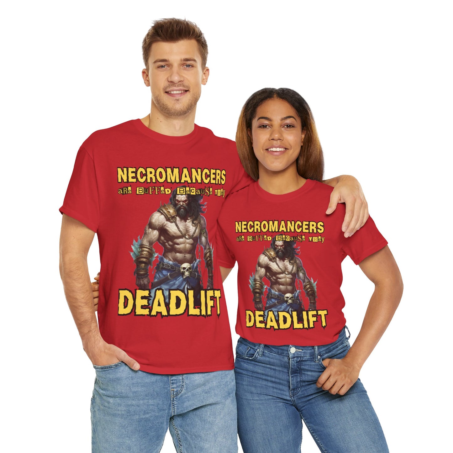 'Necromancers Are Buffed Because They Deadlift' Unisex Heavy Cotton Tee Shirt - RPG, TTRPG, Roleplaying Game, Geek, Nerd, DND