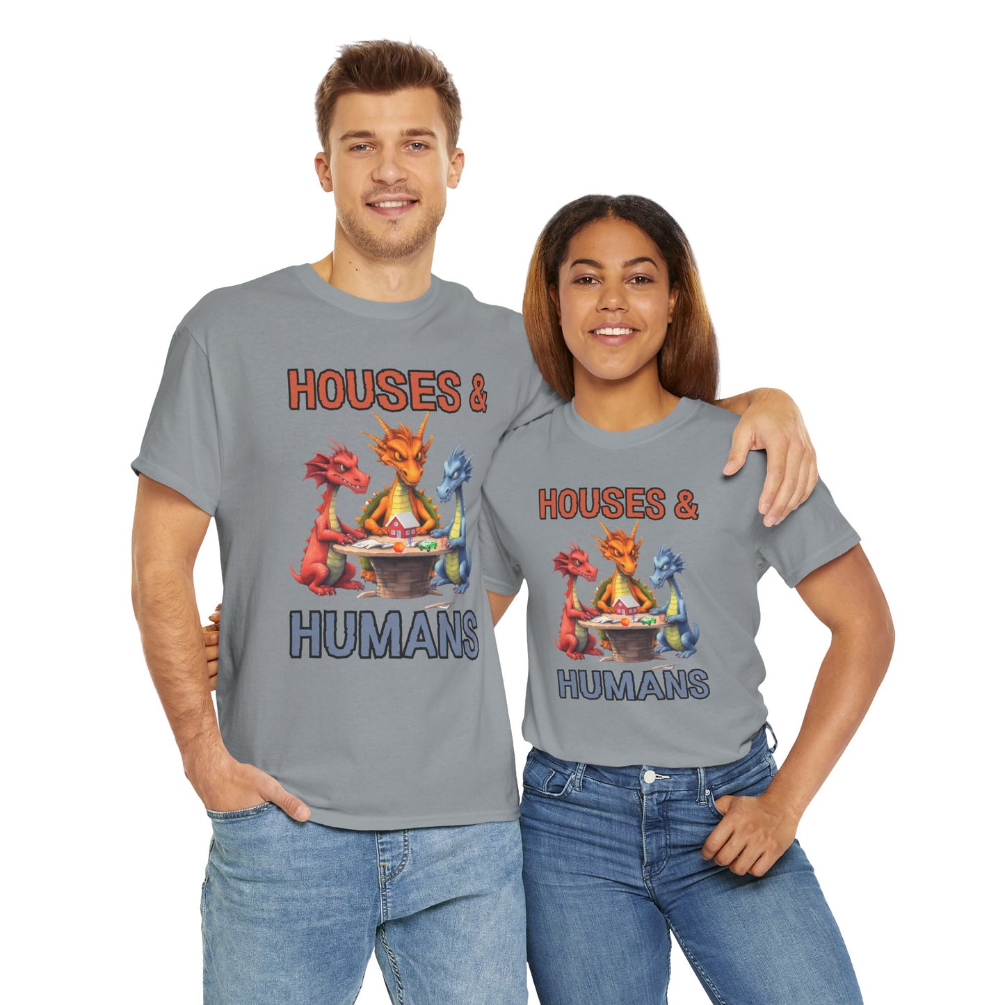Funny 'Houses & Humans' Unisex Dragon Graphic Tee | Cute Fantasy Shirt for Fans | Gifts for Gamers, D&D, DND, RPG, TTRPG, Roleplaying, Geek, Nerd, D20