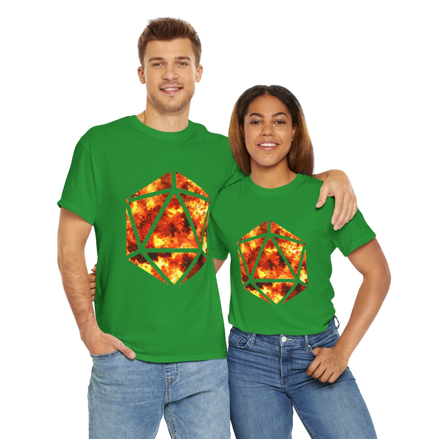 D20 Fire Element Fiery Geometric Unisex Tee - Bold Graphic Cotton Shirt, Casual Wear, Streetwear, Gamer Gift, Unique Art Tee, DND, RPG, TTRPG, Geek, Nerd