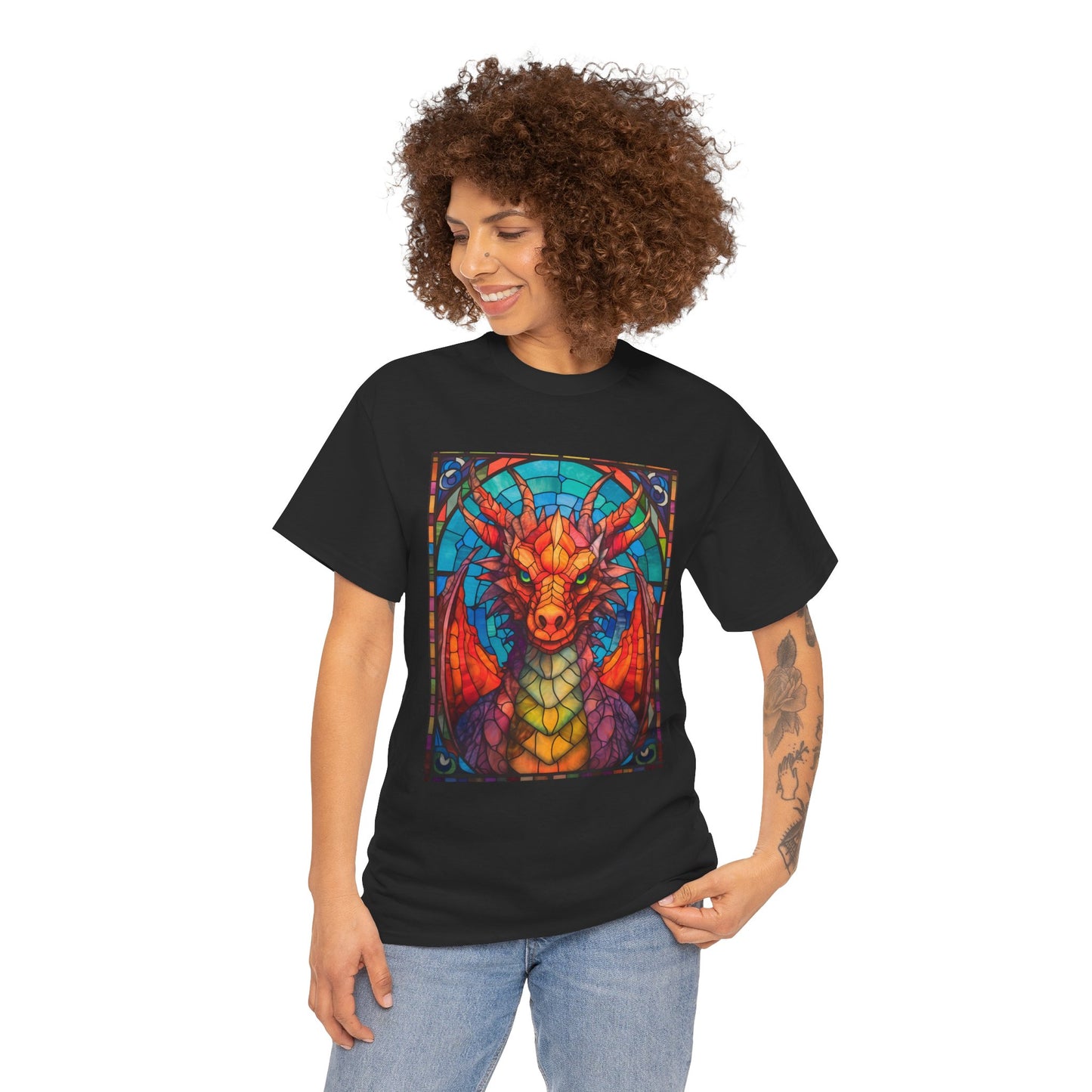 Dungeons And Dragons DND Stained Glass Red Dragon Tee Shirt - Unisex Heavy Cotton T-Shirt for Fantasy Lovers, Geek, Nerd