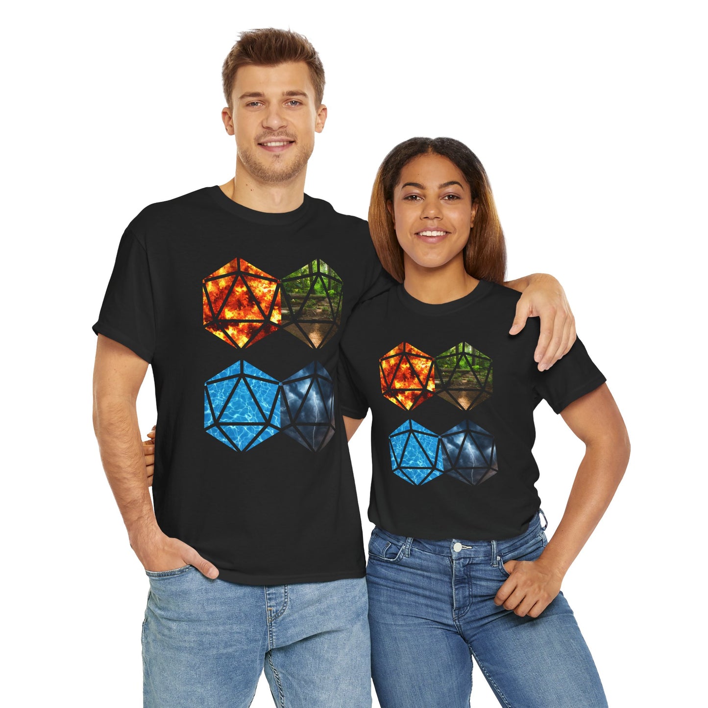 D20 Four Basic Elements Colorful Geometric Art Tee, Unisex Cotton T-Shirt, Modern Graphic Shirt, Gift for Art Lovers, Casual Everyday Wear, Festival Apparel, DND, RPG, TTRPG, Geek, Nerd