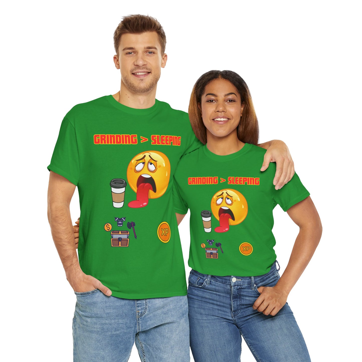 Grinding > Sleeping Unisex Heavy Cotton Tee - Funny Graphic T-Shirt for Gamers and Coffee Lovers, Gaming, Video Game, Geek, Nerd, RPG