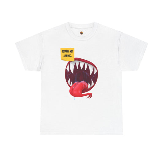 Funny Unisex Heavy Cotton Tee Shirt - "Totally Not a Mimic" Monster Mouth Design, D&D, DND, RPG, TTRPG, Roleplaying, Geek, Nerd, Teeth, Tongue