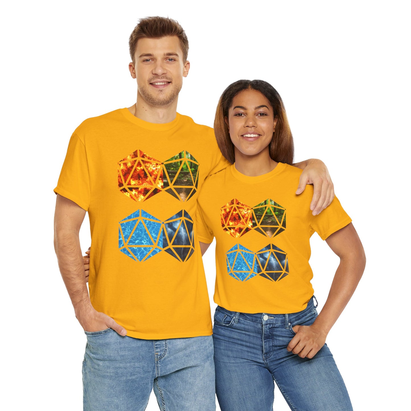D20 Four Basic Elements Colorful Geometric Art Tee, Unisex Cotton T-Shirt, Modern Graphic Shirt, Gift for Art Lovers, Casual Everyday Wear, Festival Apparel, DND, RPG, TTRPG, Geek, Nerd