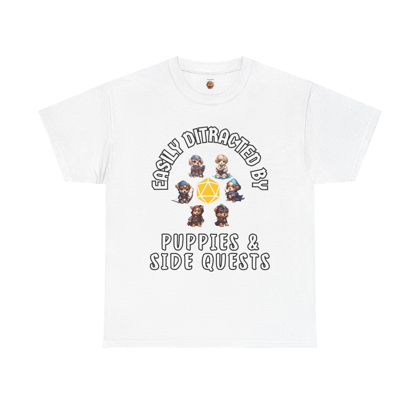 'Easily Distracted by Puppies & Side Quests' Unisex Heavy Cotton Tee Shirt - Shirt for Dog Lovers, DND, RPG, TTRPG, Roleplaying Game, Geek, Nerd