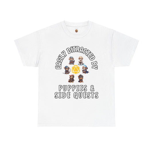 'Easily Distracted by Puppies & Side Quests' Unisex Heavy Cotton Tee Shirt - Shirt for Dog Lovers, DND, RPG, TTRPG, Roleplaying Game, Geek, Nerd