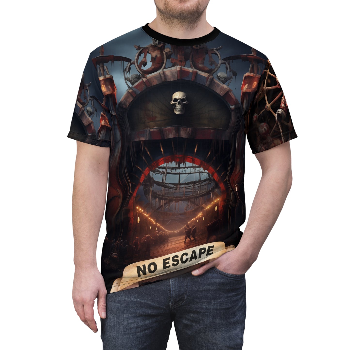 Rotting Carnival No Escape Laugh Forever Unisex AOP Graphic Tee - Dark Fantasy Design, Horror, Scary, Creepy, Clowns, Nightmare
