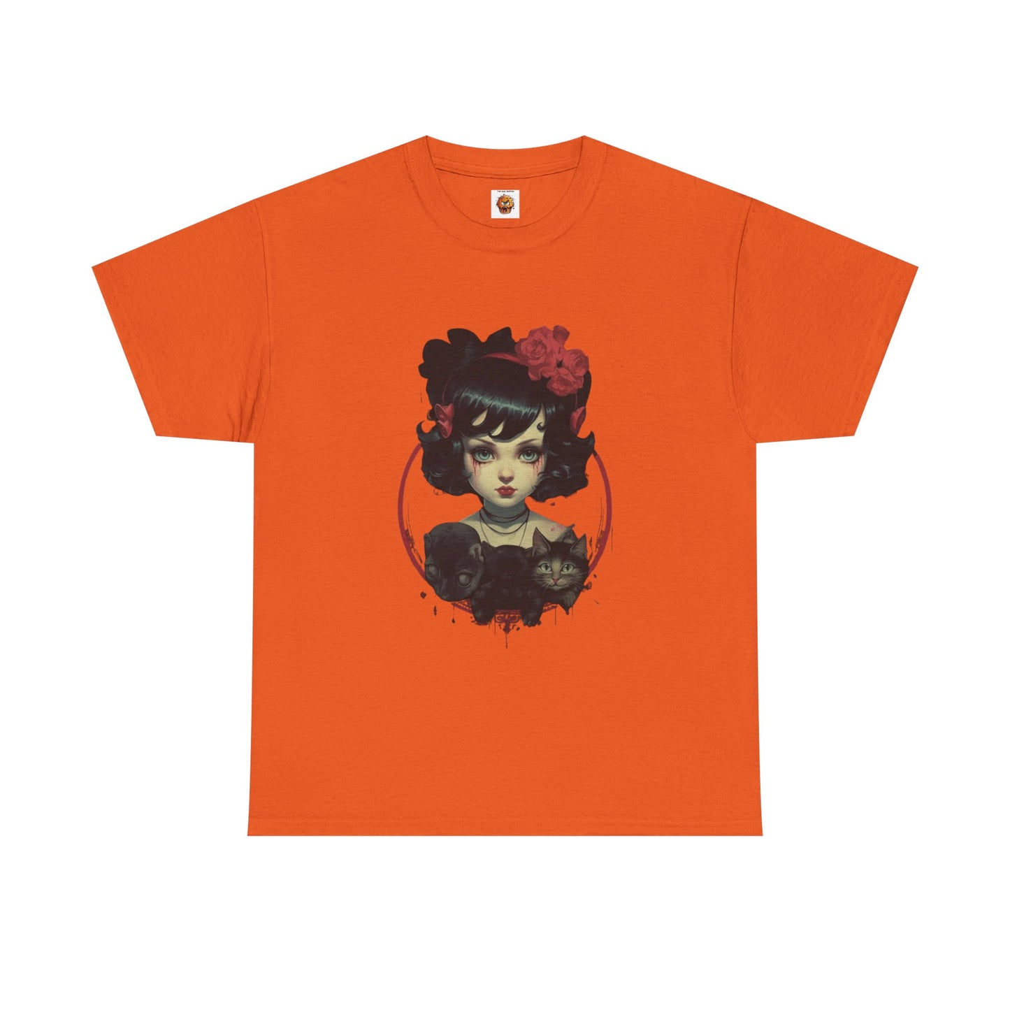 Coquette Gothic Girl With Cat Pets Unisex Heavy Cotton Tee Shirt T-Shirt - Artistic Floral Design, Horror, Scary, Disturbing, Halloween, Geek, Nerd