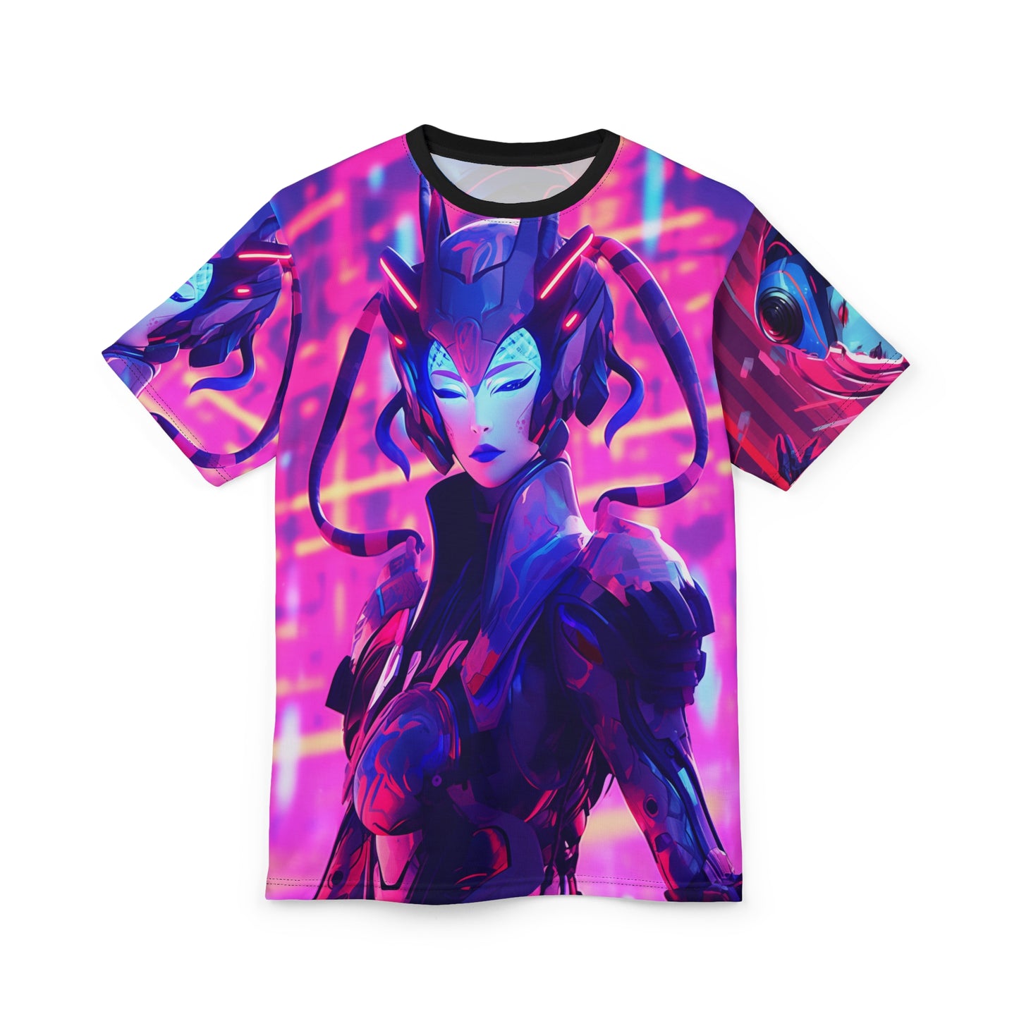 Front and Back Kabuki Cyberpunk Futuristic Anime Performer Neon Unisex AOP Tee - Bold Graphic Print, Neon, Cybernetic, Science, Tech, Sci-Fi, Geek, Nerd