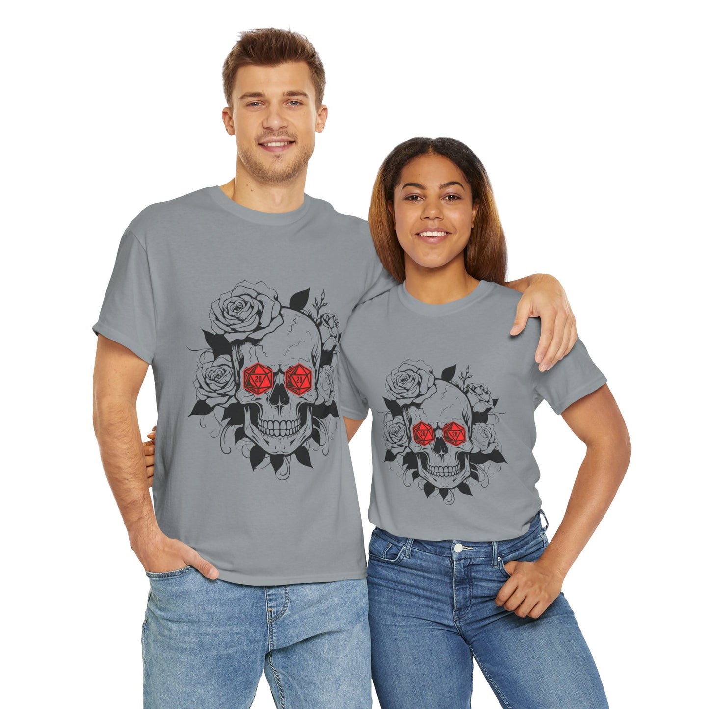 Gothic Floral Skull D20 Dungeons and Dragons DND Unisex Heavy Cotton Tee Shirt - RPG, TTRPG, Roleplaying, Geek, Nerd