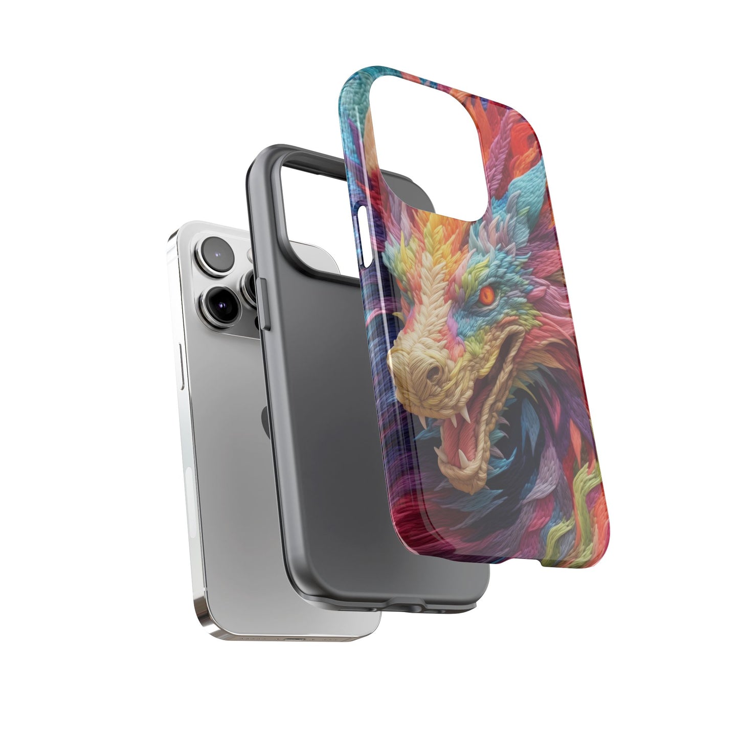 Vibrant 3D Embroidery Embroidered Rainbow Dragon Phone Case - Tough Protection for Fantasy Lovers, DND, RPG, TTRPG, Geek, Nerd