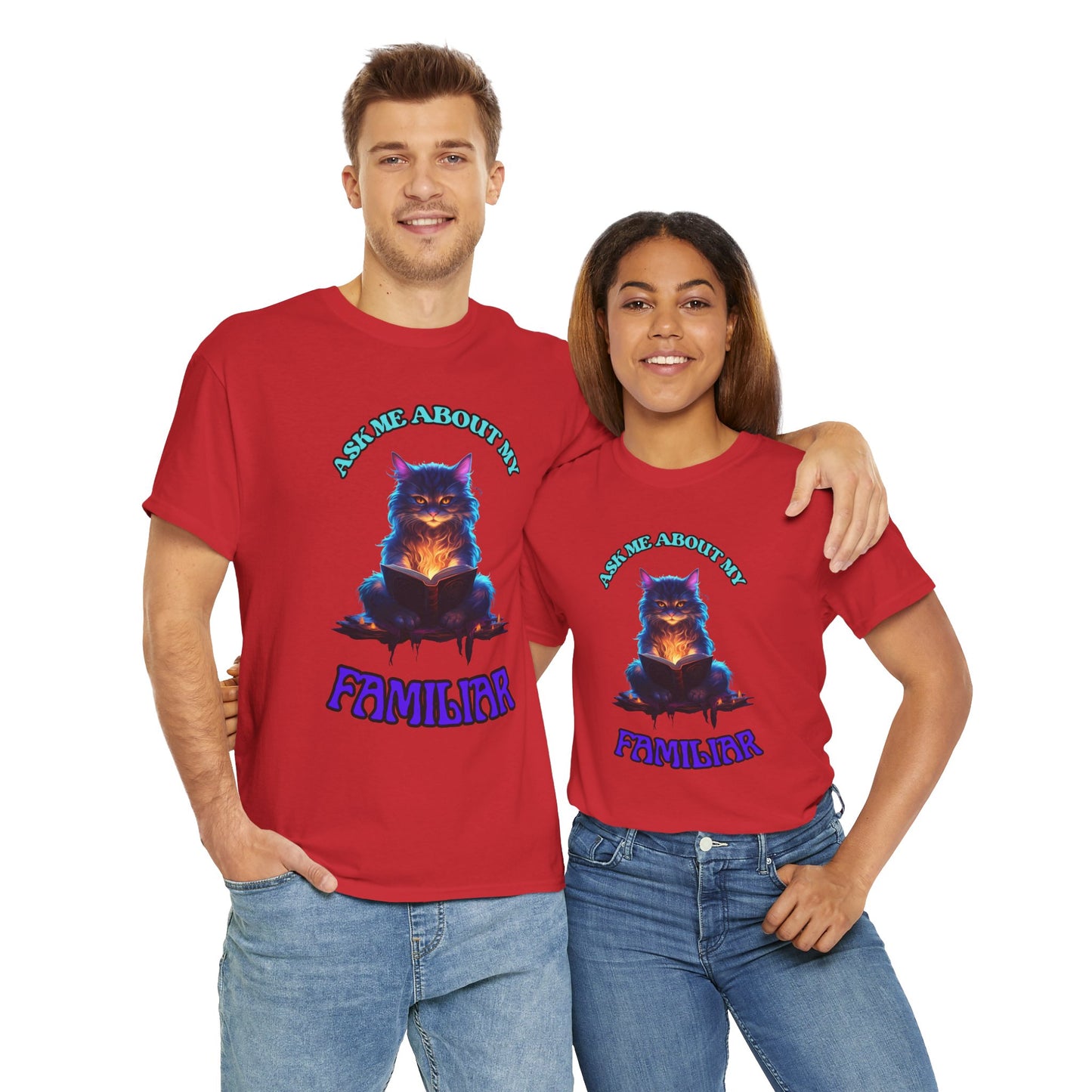 'Ask Me About My Familiar' Mystical Cat Enamel Tee, Cute Animal T-Shirt, Gift for Cat Lovers, Fun Graphic Tee, Witch, DND, RPG, TTRPG, Geek, Nerd