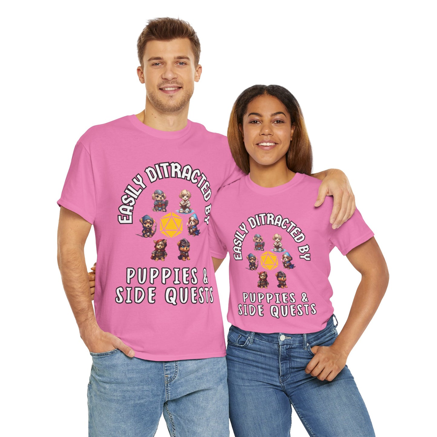 'Easily Distracted by Puppies & Side Quests' Unisex Heavy Cotton Tee Shirt - Shirt for Dog Lovers, DND, RPG, TTRPG, Roleplaying Game, Geek, Nerd
