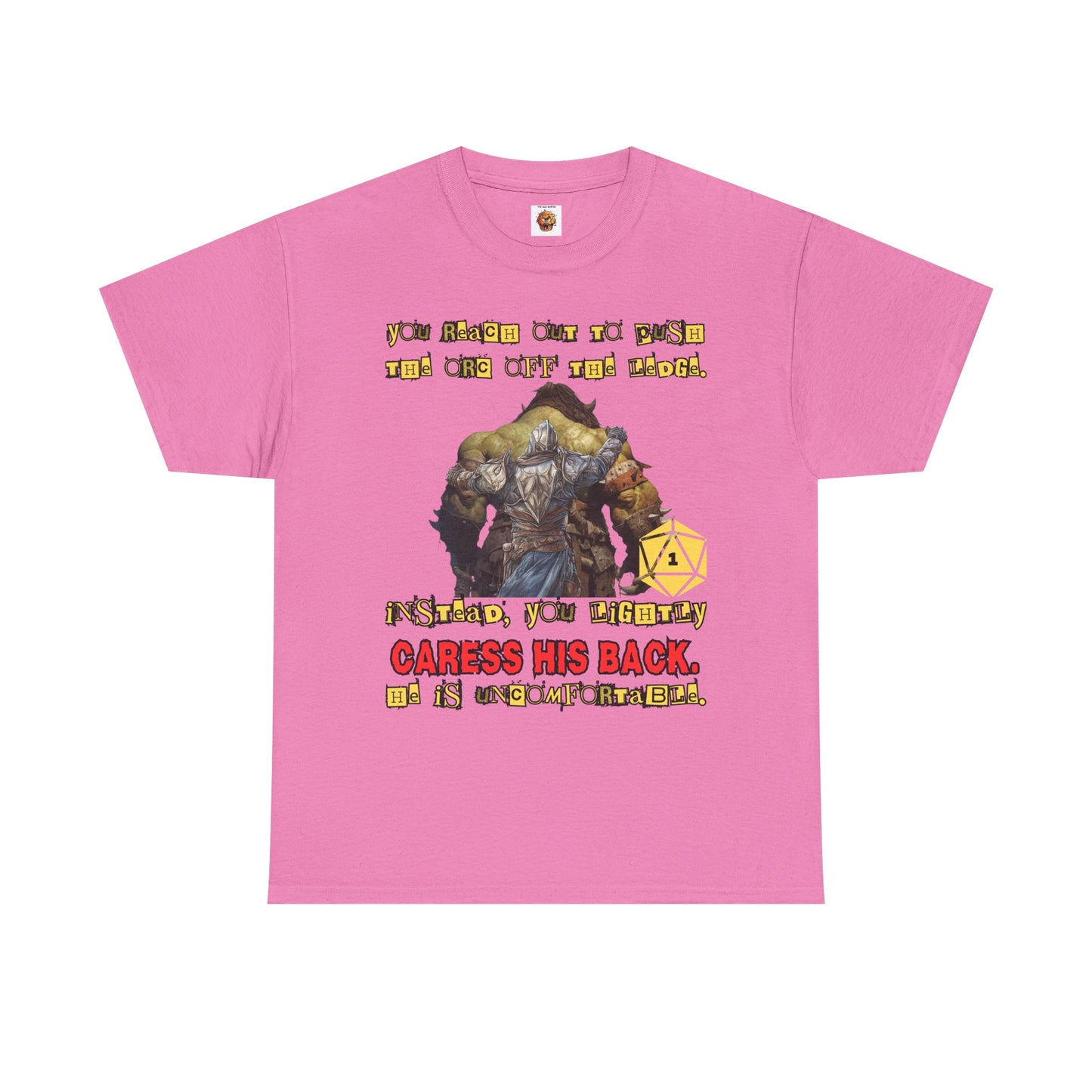 Funny Dungeons & Dragons DND Unisex Heavy Cotton Tee Shirt - 'You Reach Out to Push the Orc Off the Ledge', D20, RPG, TTRPG, Roleplaying, Geek, Nerd
