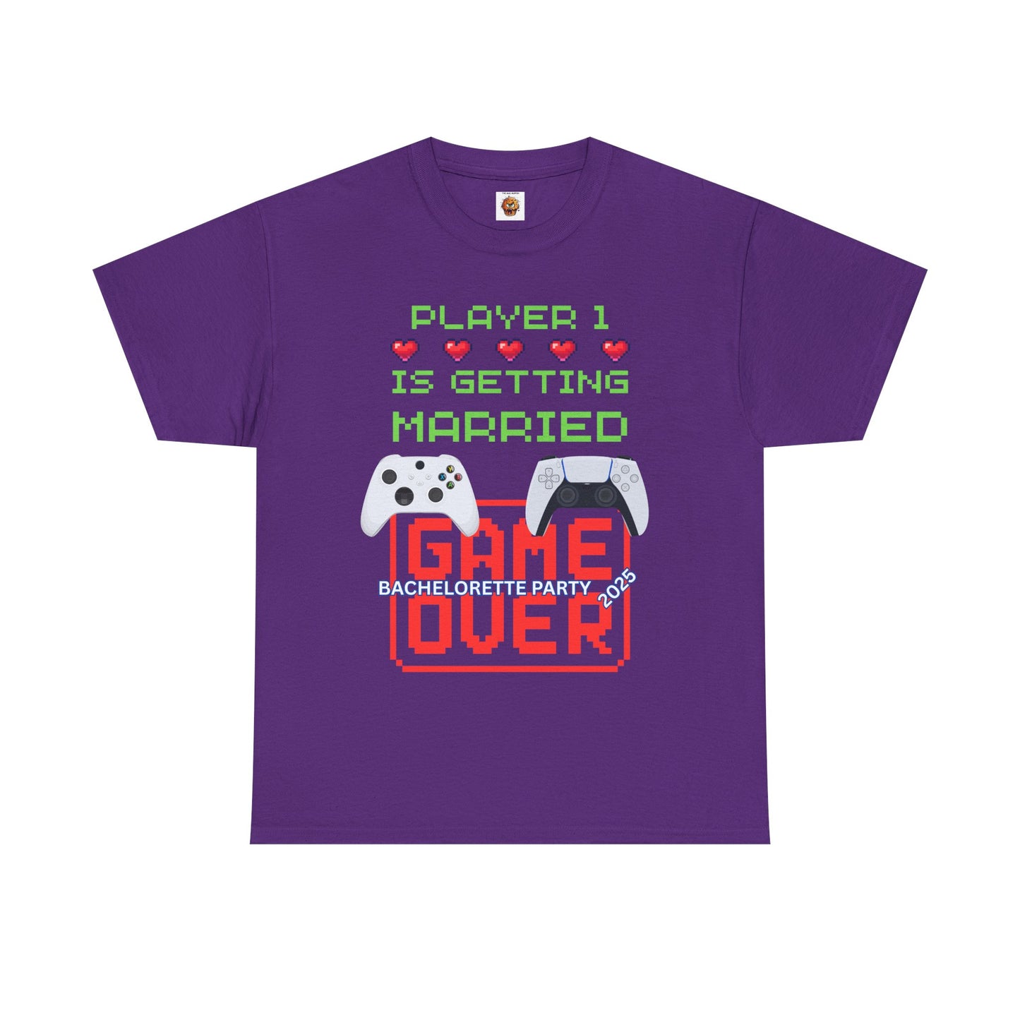 Gamer Girl Bachelorette Party 2025 Unisex Heavy Cotton Tee - "Player 1 is Getting Married", Video Game, Gaming, Console, PC, Tech, Geek, Squad, Nerd