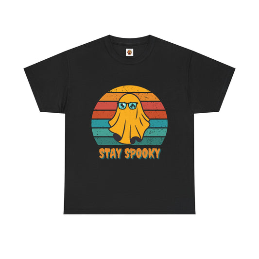 Stay Spooky Retro Holiday Unisex Heavy Cotton Tee - Vintage Ghost Halloween Shirt, Sunglasses, California, Tropical, Funny, Geek, Nerd