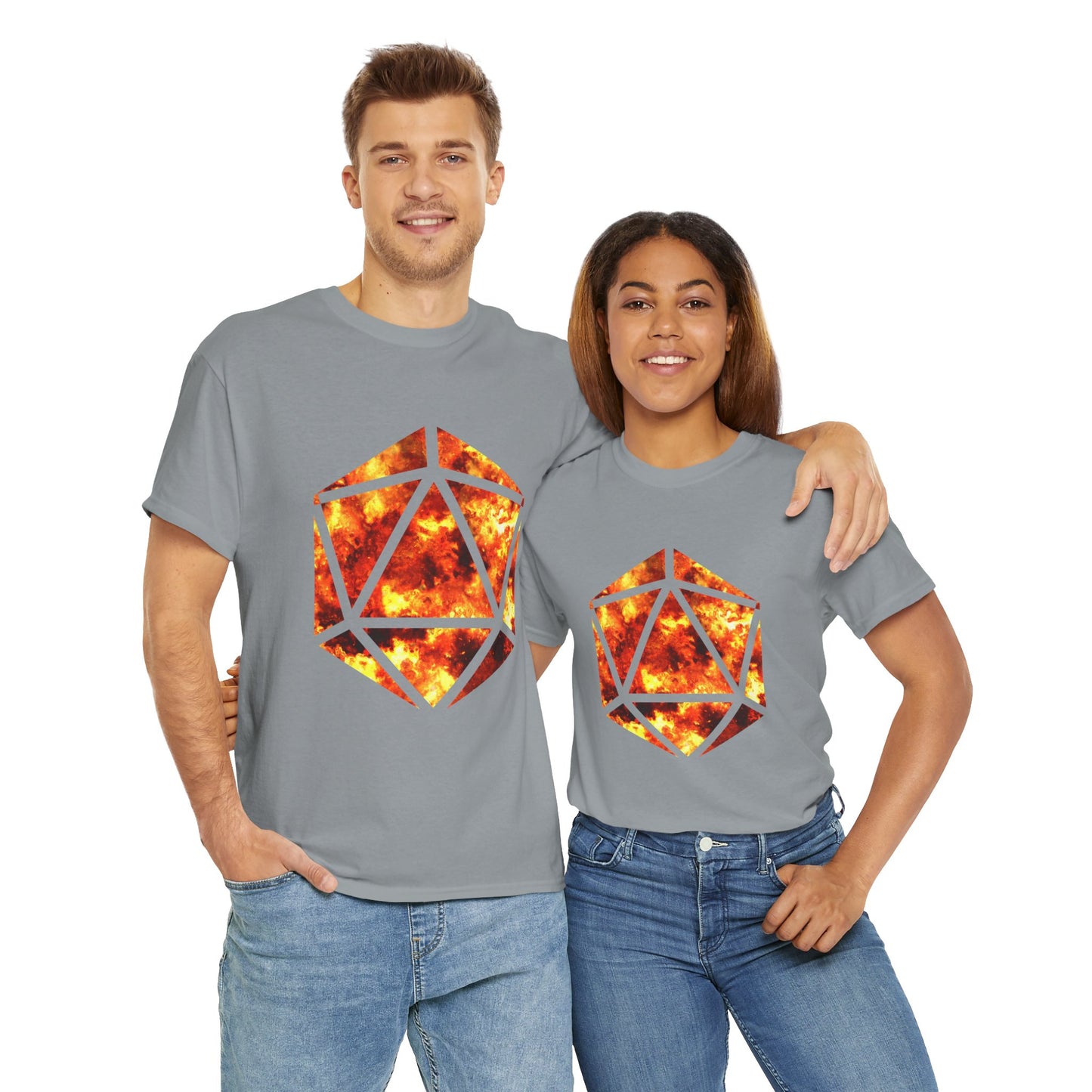 D20 Fire Element Fiery Geometric Unisex Tee - Bold Graphic Cotton Shirt, Casual Wear, Streetwear, Gamer Gift, Unique Art Tee, DND, RPG, TTRPG, Geek, Nerd