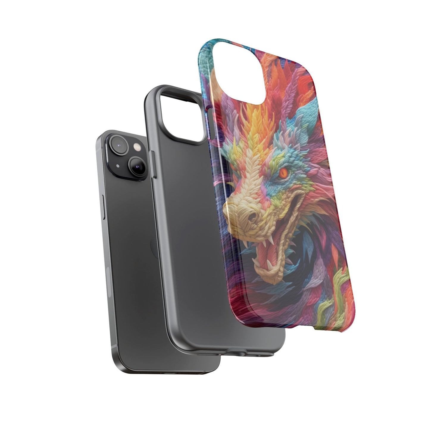 Vibrant 3D Embroidery Embroidered Rainbow Dragon Phone Case - Tough Protection for Fantasy Lovers, DND, RPG, TTRPG, Geek, Nerd