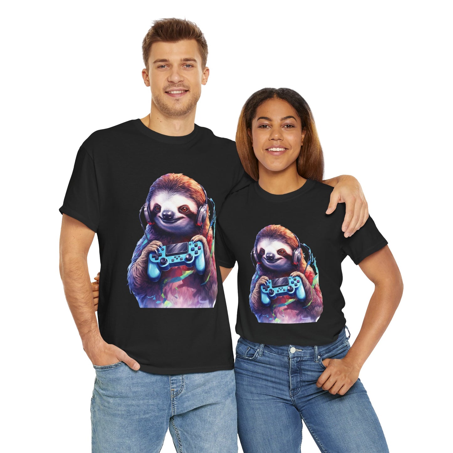 Cute Kawaii Gaming Sloth Unisex Heavy Cotton Tee - Animal Shirt, Gamer Apparel, Video Game, Anime, Weeb, Otaku, Geek, Nerd