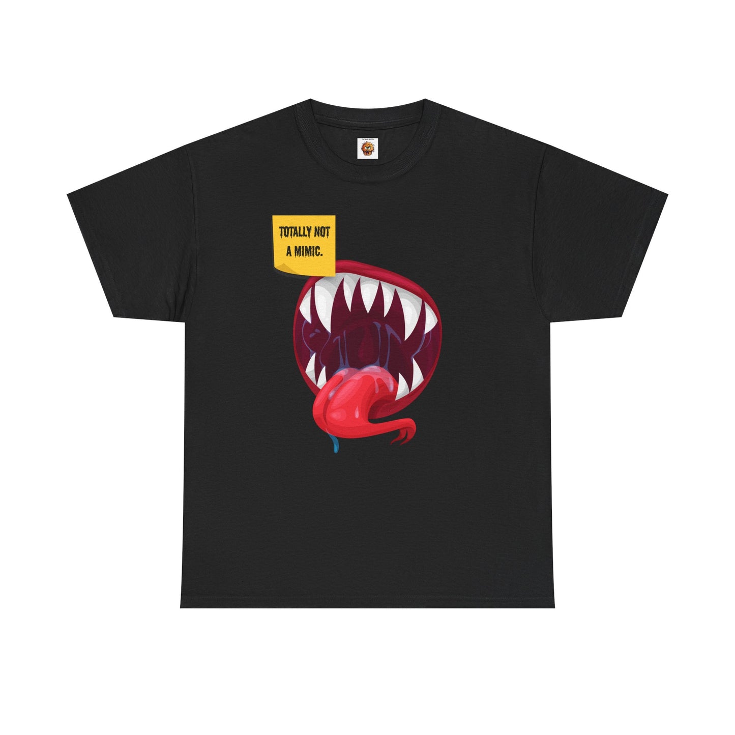 Funny Unisex Heavy Cotton Tee Shirt - "Totally Not a Mimic" Monster Mouth Design, D&D, DND, RPG, TTRPG, Roleplaying, Geek, Nerd, Teeth, Tongue