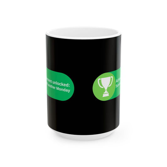 'Achievement Unlocked Survived another Monday' Ceramic Mug - Funny Gift for Gamers, 11oz & 15oz - Gamer, Gaming, XBox, Geek, Nerd