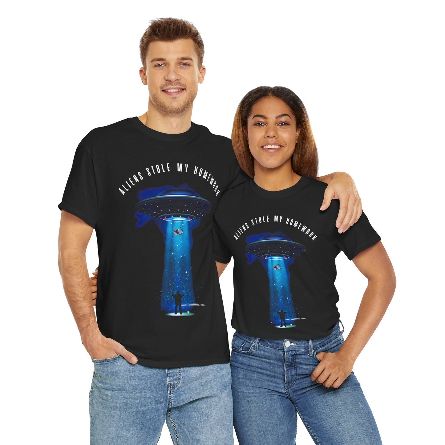 Flying Saucer Alien Abduction Unisex Heavy Cotton Tee Shirt - Aliens Stole My Homework UFO Graphic T-Shirt, Geek, Nerd