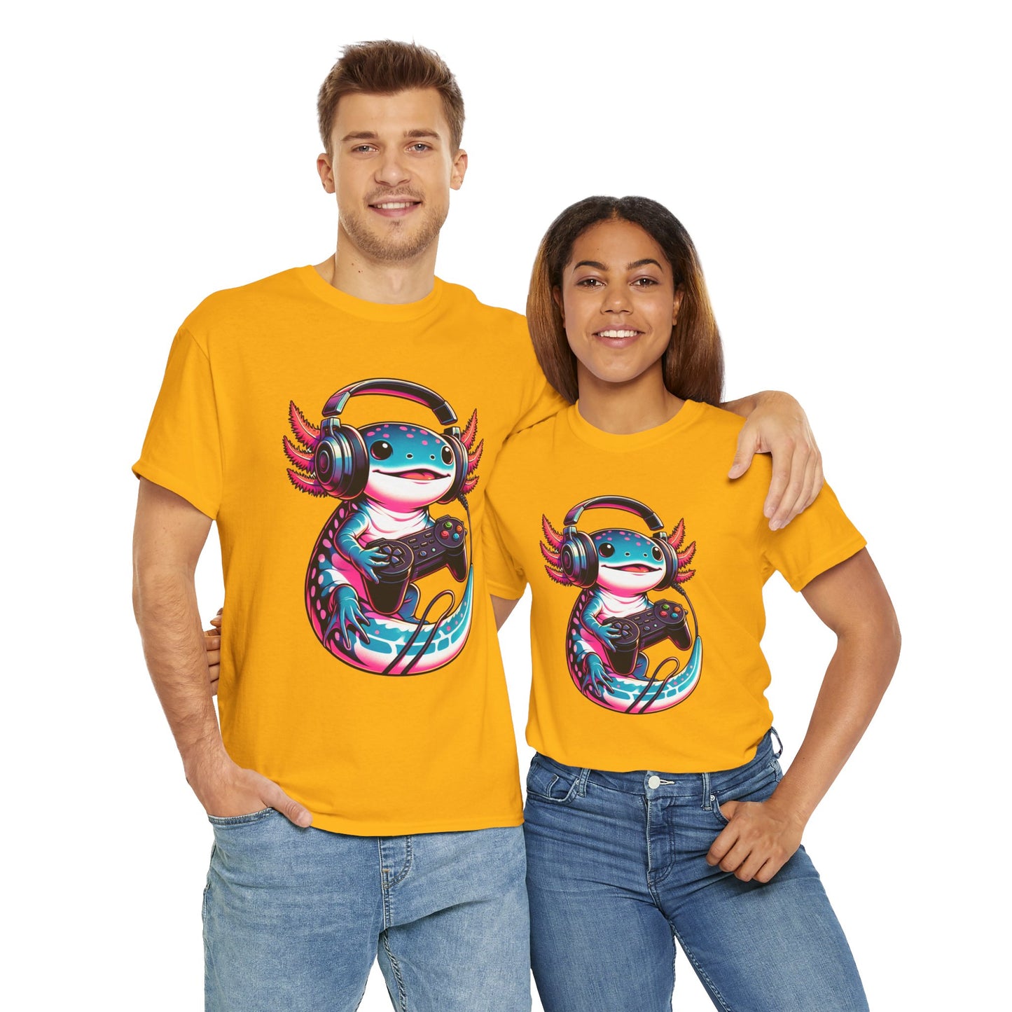 Cute Kawaii Gaming Axolotl Unisex Heavy Cotton Tee - Perfect for Gamers, Mexican Walking Fish, Smile, Video Game, Geek, Nerd, Salamander, Anime