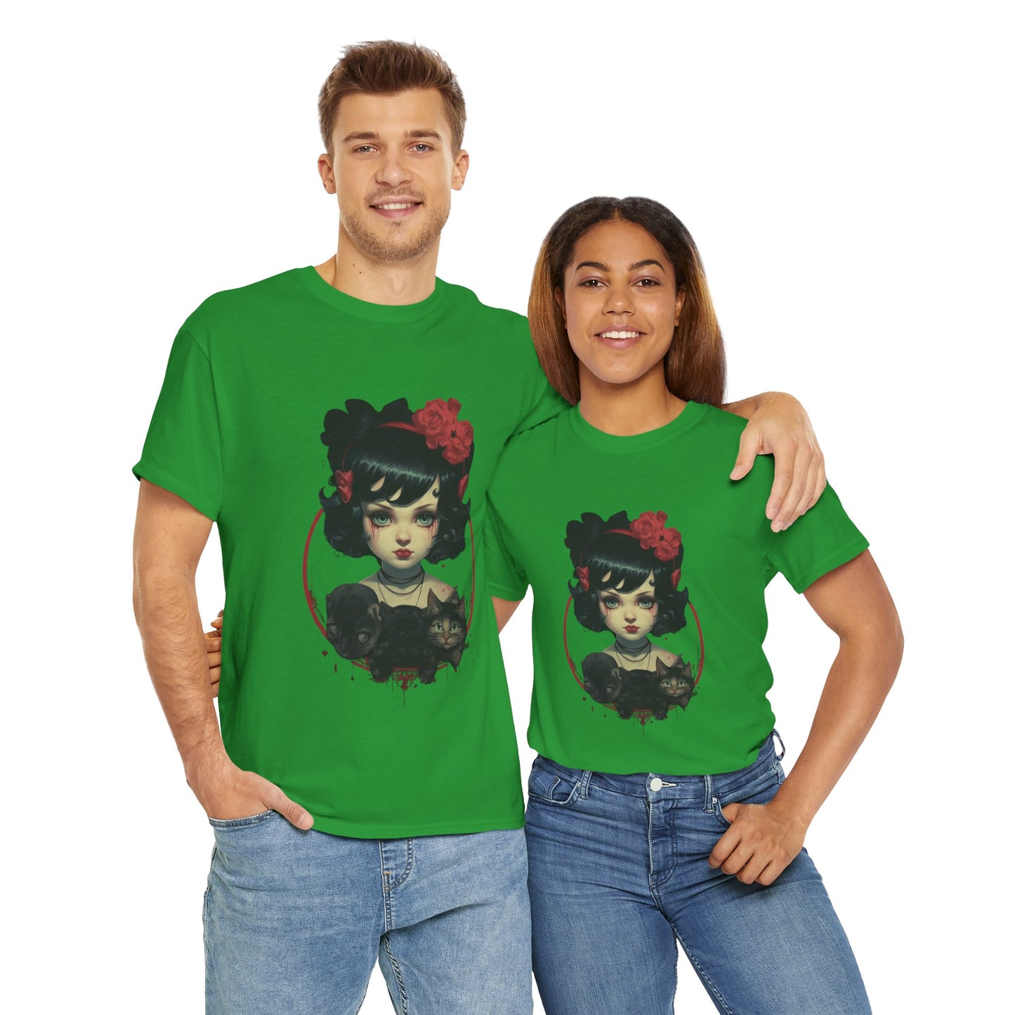 Coquette Gothic Girl With Cat Pets Unisex Heavy Cotton Tee Shirt T-Shirt - Artistic Floral Design, Horror, Scary, Disturbing, Halloween, Geek, Nerd