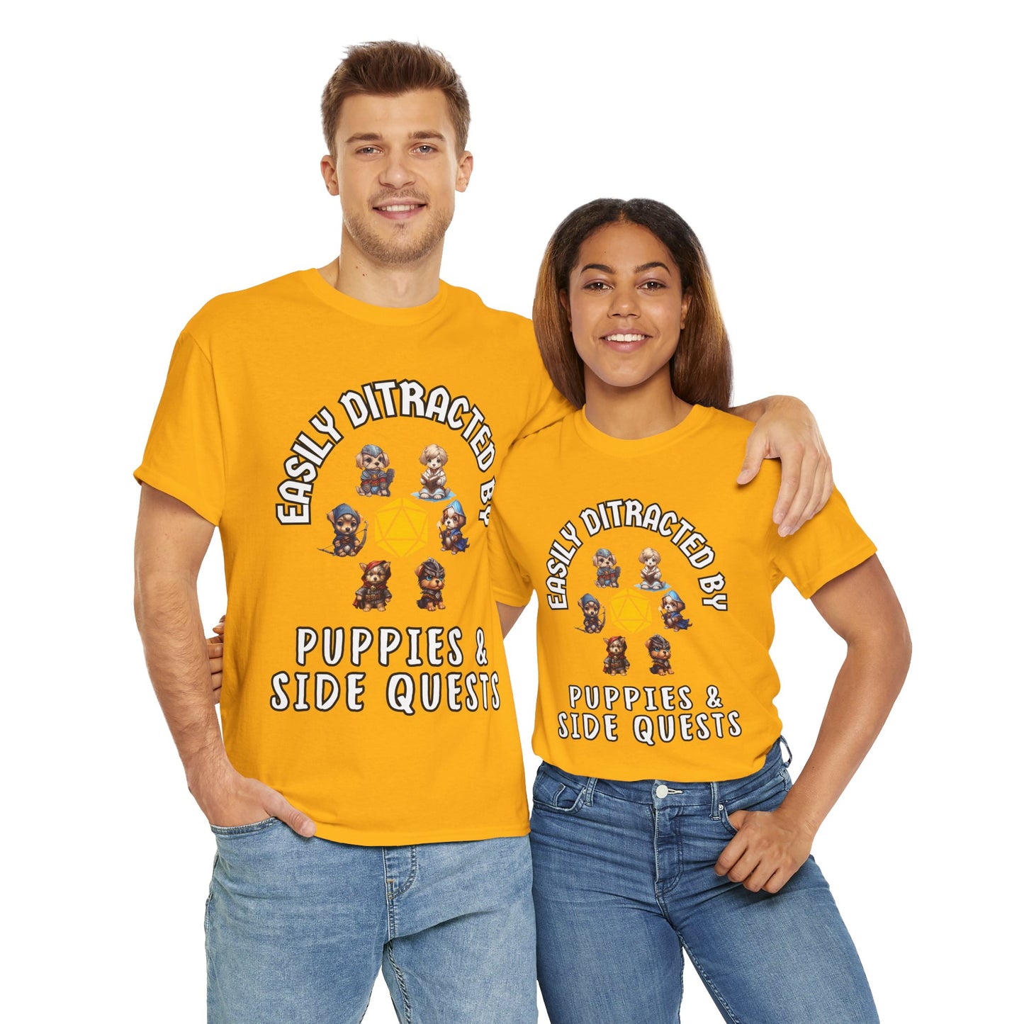 'Easily Distracted by Puppies & Side Quests' Unisex Heavy Cotton Tee Shirt - Shirt for Dog Lovers, DND, RPG, TTRPG, Roleplaying Game, Geek, Nerd
