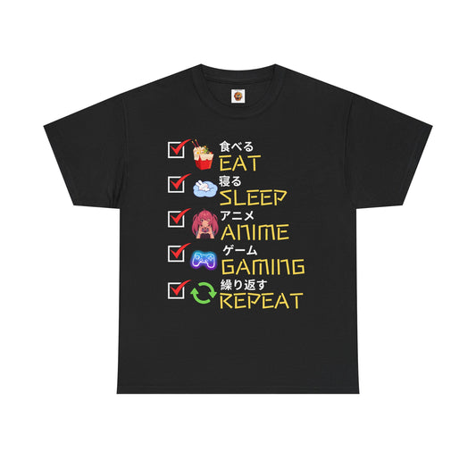 Cute Kawaii Unisex Heavy Cotton Tee Shirt T-Shirt - Eat Sleep Anime Gaming Repeat, Funny Checklist Japanese Kanji English, Geek, Nerd