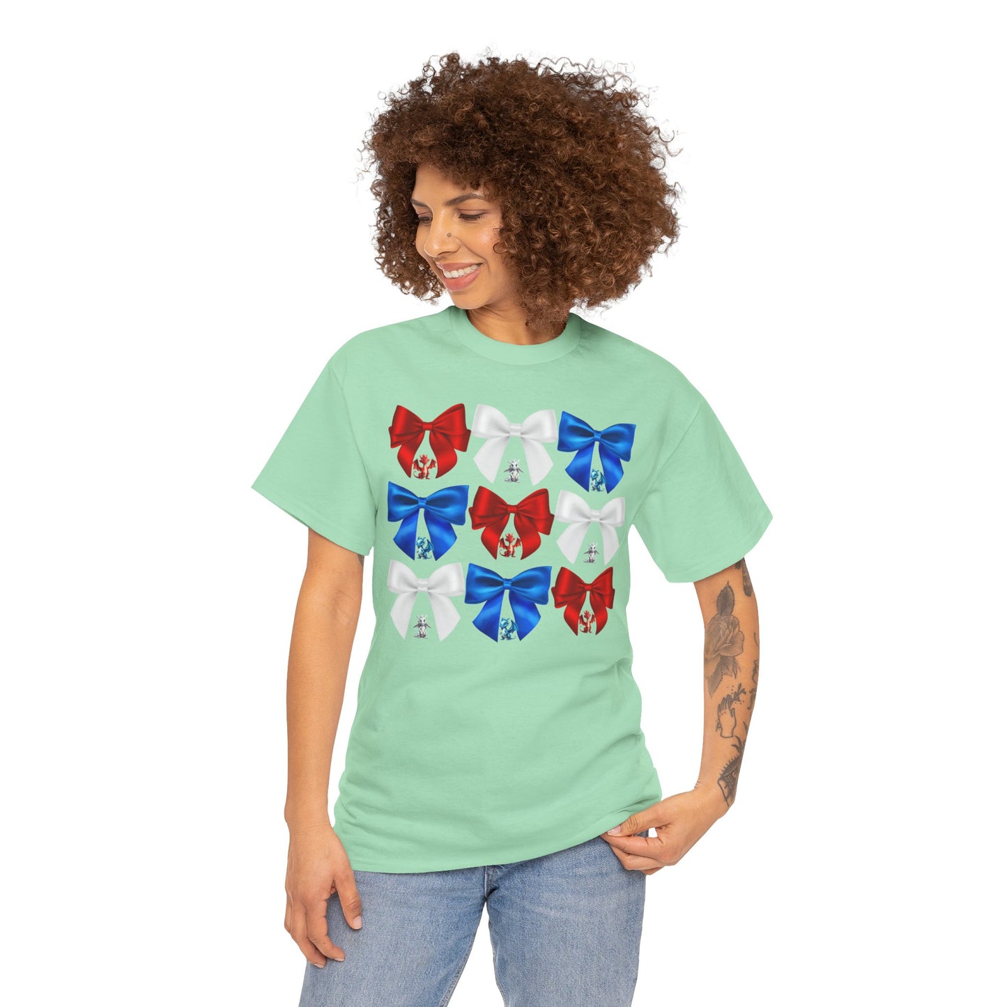 Coquette Red, White, and Blue Dragons & Bows Tee - American Flag, Perfect for Patriotic Events, Independence Day, BBQs, Family Gatherings, DND, RPG, TTRPG, Roleplaying, Geek, Nerd, 4th of July