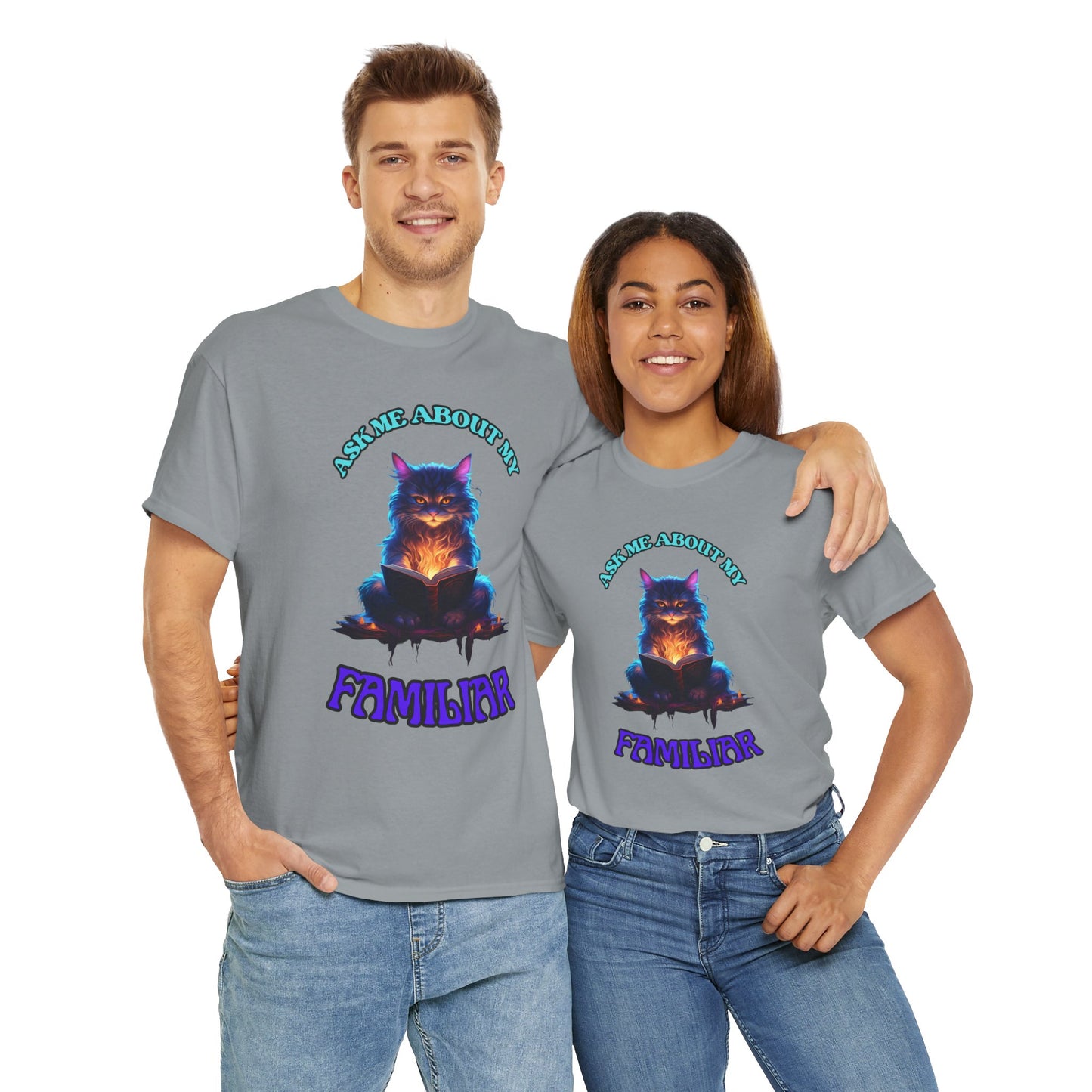 'Ask Me About My Familiar' Mystical Cat Enamel Tee, Cute Animal T-Shirt, Gift for Cat Lovers, Fun Graphic Tee, Witch, DND, RPG, TTRPG, Geek, Nerd