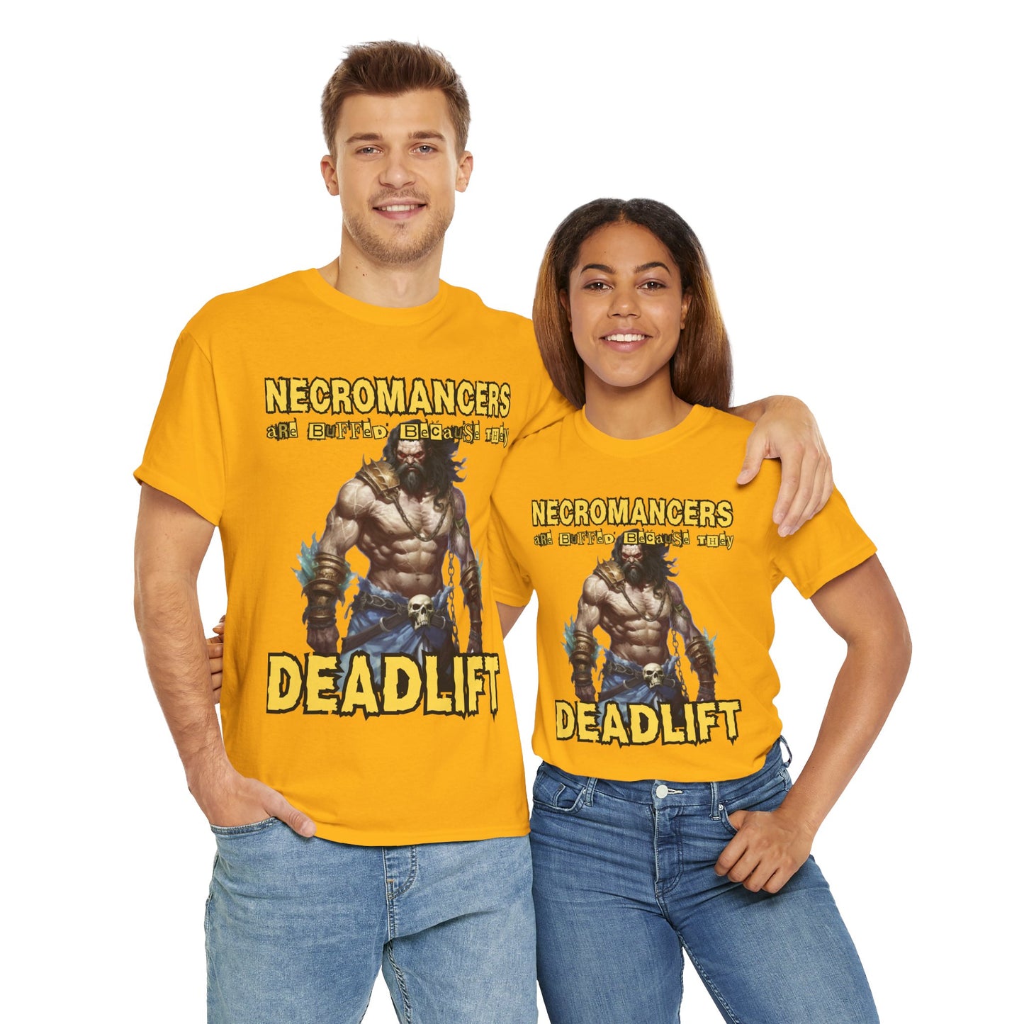 'Necromancers Are Buffed Because They Deadlift' Unisex Heavy Cotton Tee Shirt - RPG, TTRPG, Roleplaying Game, Geek, Nerd, DND