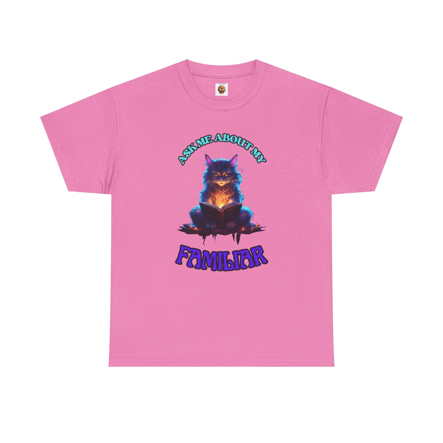 'Ask Me About My Familiar' Mystical Cat Enamel Tee, Cute Animal T-Shirt, Gift for Cat Lovers, Fun Graphic Tee, Witch, DND, RPG, TTRPG, Geek, Nerd