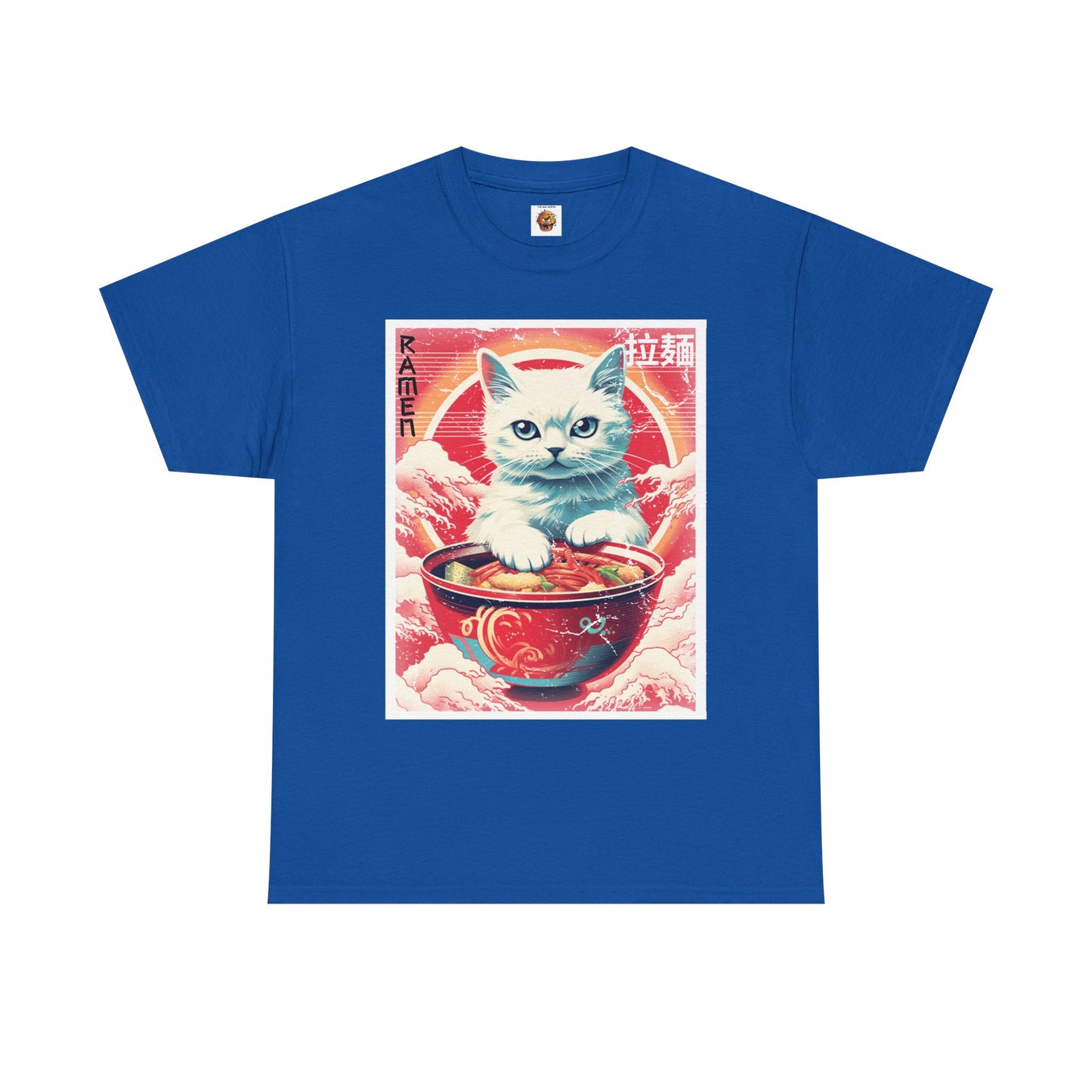 Cute Kawaii Anime Cat Eating Ramen Unisex Heavy Cotton Tee Shirt T-Shirt - Perfect for Animal Lovers and Foodies, Vintage Ad Style, Geek, Nerd