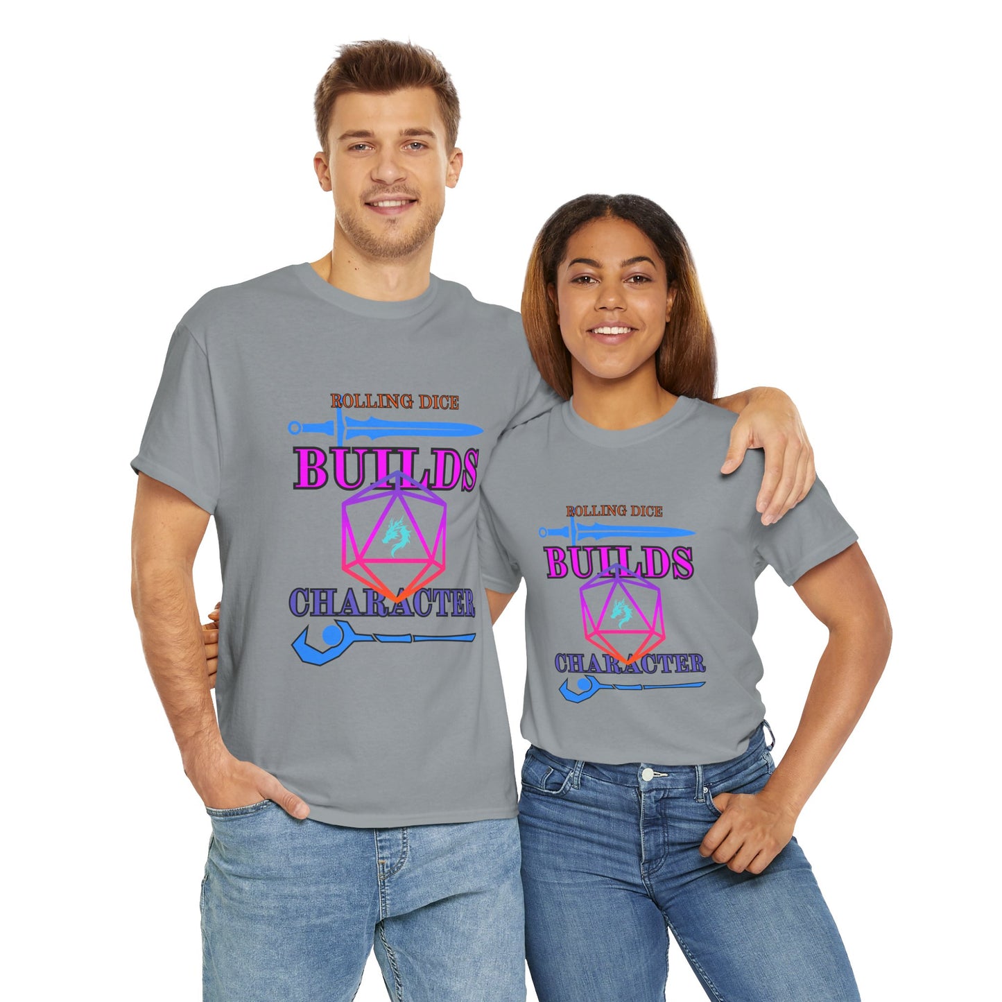 Unisex Heavy Cotton Tee - 'Rolling Dice Builds Character', Gamer Shirt, D&D Tee, Geeky Apparel, Role-Playing Gift, Fun RPG Top, D20, TTRPG, Geek, Nerd