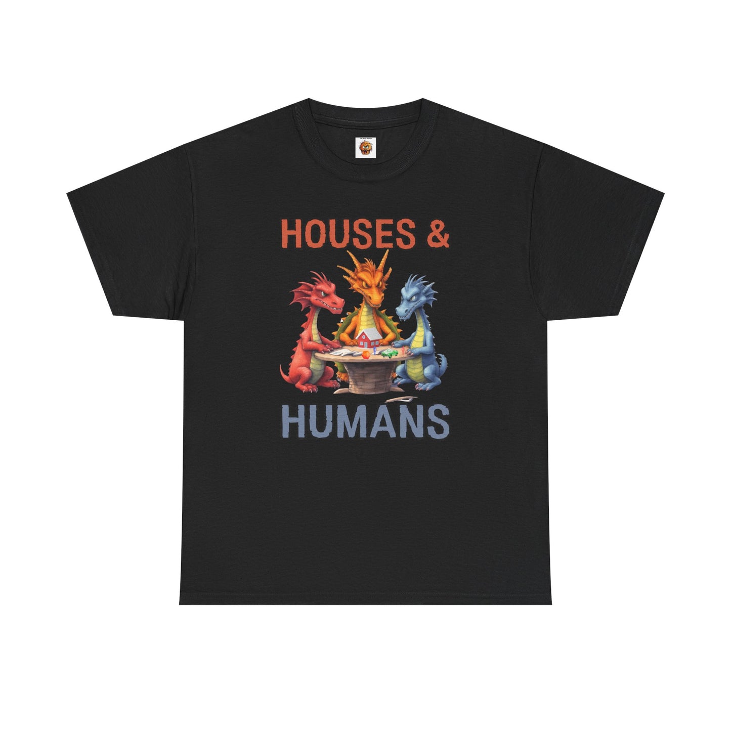 Funny 'Houses & Humans' Unisex Dragon Graphic Tee | Cute Fantasy Shirt for Fans | Gifts for Gamers, D&D, DND, RPG, TTRPG, Roleplaying, Geek, Nerd, D20