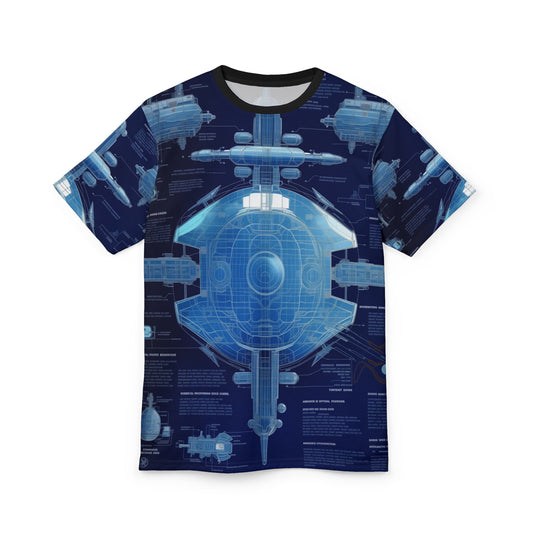 Astro Nautical Blueprint The Ship That Never Was AOP Unisex Tee - Exploration Inspired Design, Space, Sci-Fi, Spaceship, Tech, Alien, Geek, Nerd