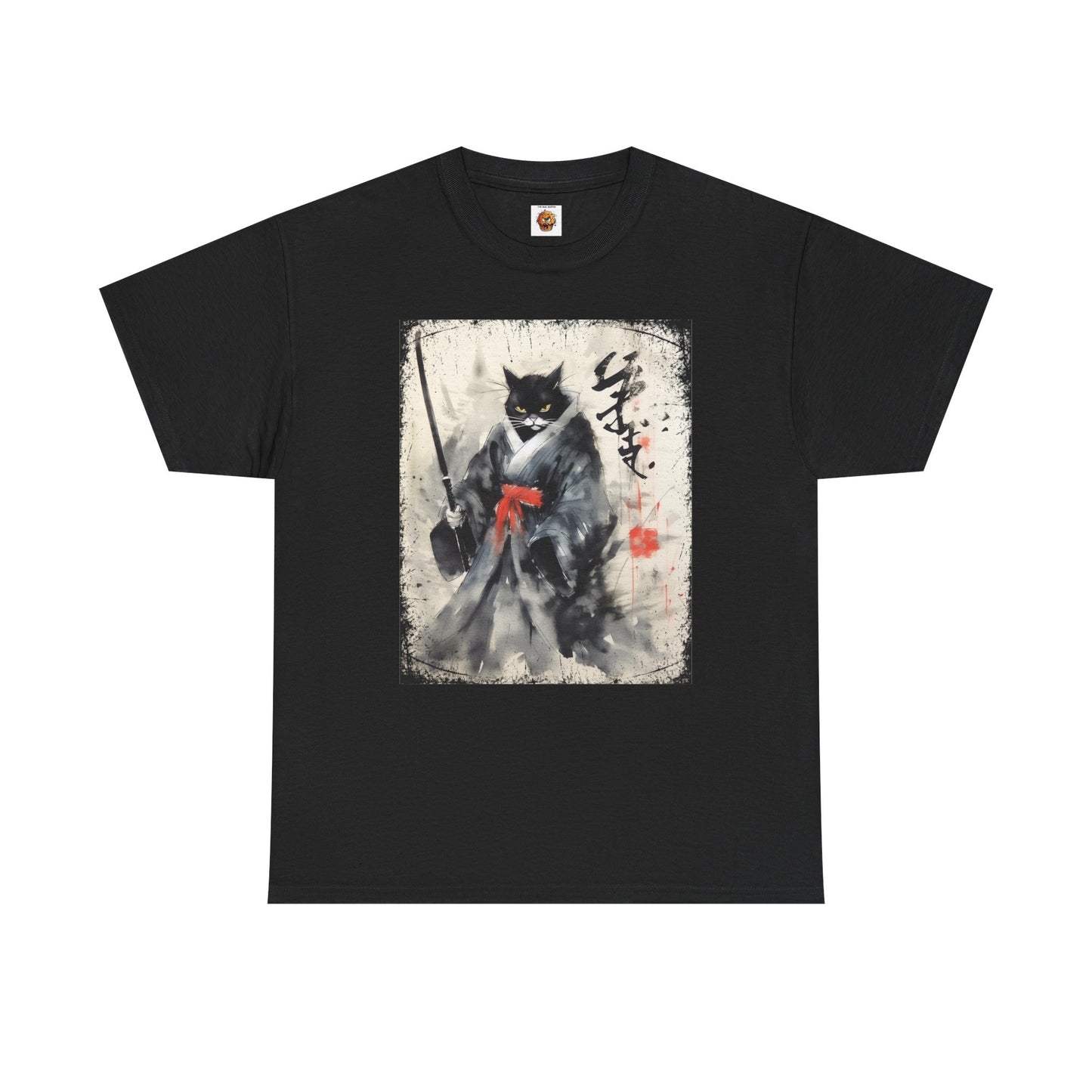 Samurai Cat Vintage Ukiyo-e Warrior Art Unisex Heavy Cotton Tee - Artistic Vintage Design, Japanese Ink Painting, Anime, Weeb, Otaku, Geek, Nerd