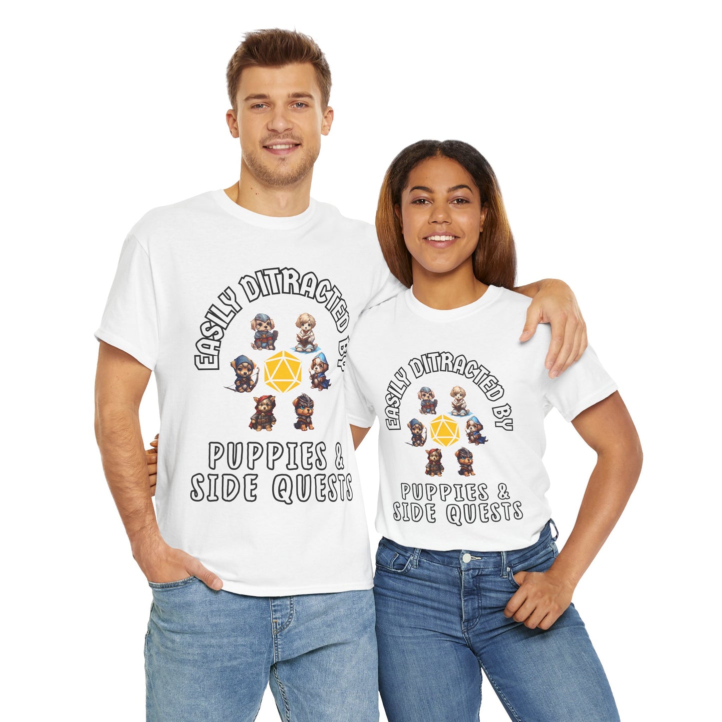 'Easily Distracted by Puppies & Side Quests' Unisex Heavy Cotton Tee Shirt - Shirt for Dog Lovers, DND, RPG, TTRPG, Roleplaying Game, Geek, Nerd