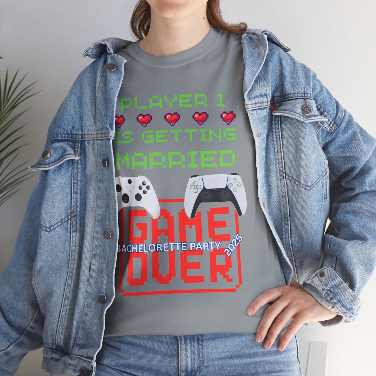 Gamer Girl Bachelorette Party 2025 Unisex Heavy Cotton Tee - "Player 1 is Getting Married", Video Game, Gaming, Console, PC, Tech, Geek, Squad, Nerd