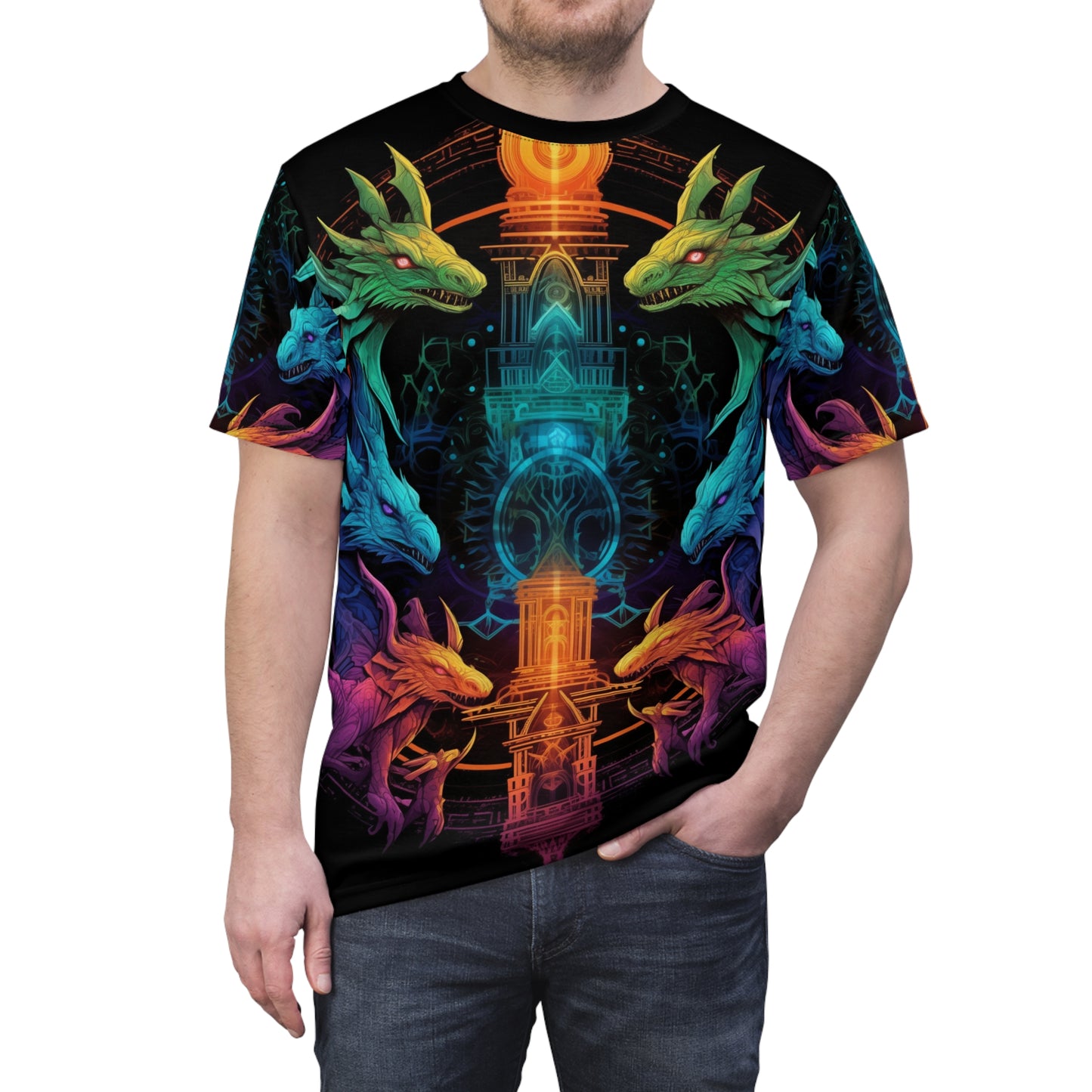 Ancient Council of Dragons AOP Unisex Tee - Colorful Fantasy Graphic Shirt, Ruined Temple, Elemental, DND, RPG, TTRPG, Geek, Nerd