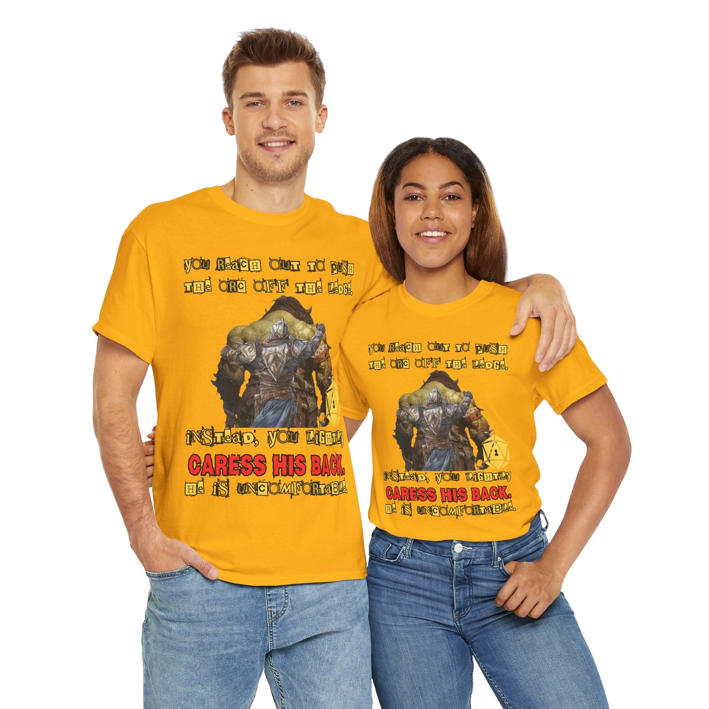 Funny Dungeons & Dragons DND Unisex Heavy Cotton Tee Shirt - 'You Reach Out to Push the Orc Off the Ledge', D20, RPG, TTRPG, Roleplaying, Geek, Nerd