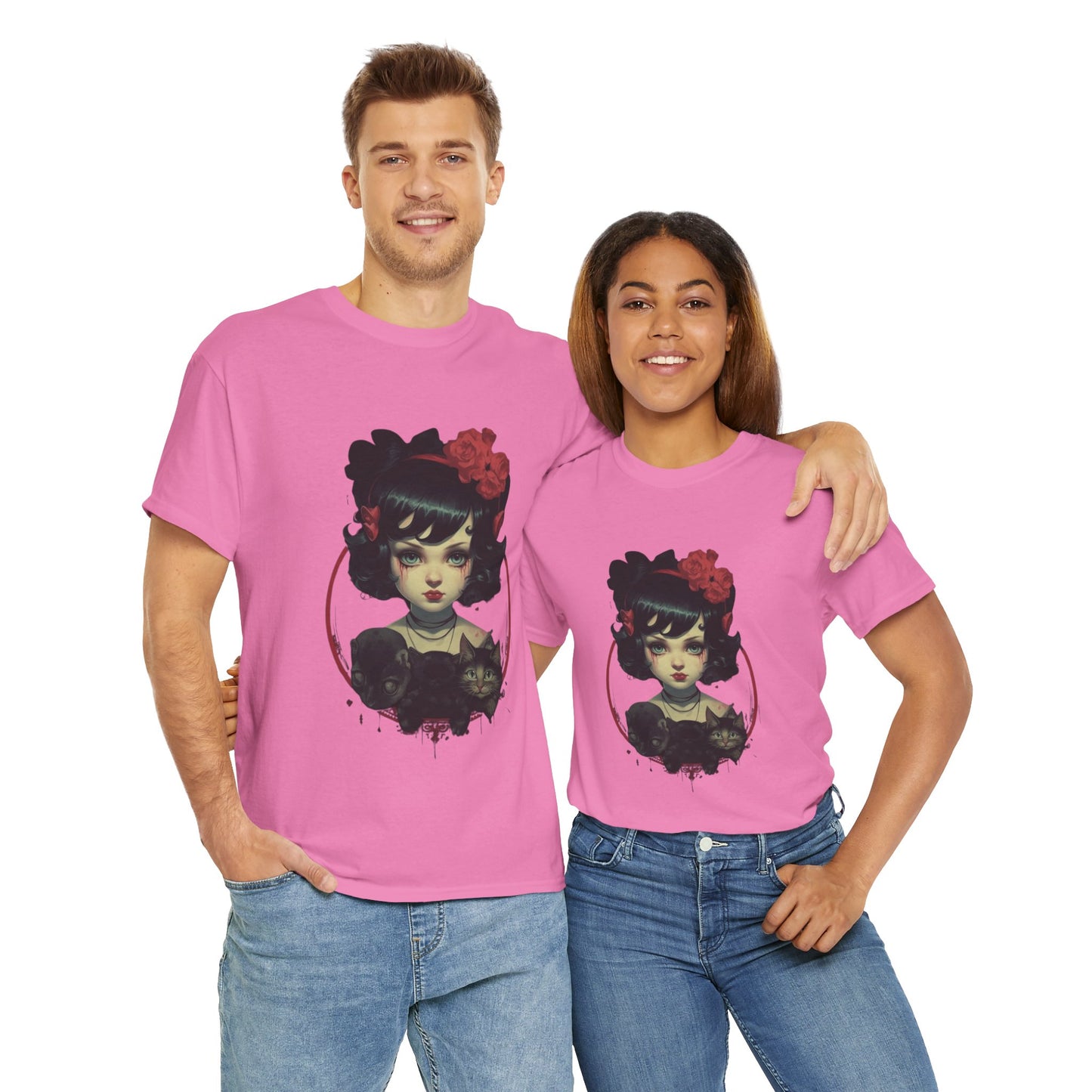 Coquette Gothic Girl With Cat Pets Unisex Heavy Cotton Tee Shirt T-Shirt - Artistic Floral Design, Horror, Scary, Disturbing, Halloween, Geek, Nerd