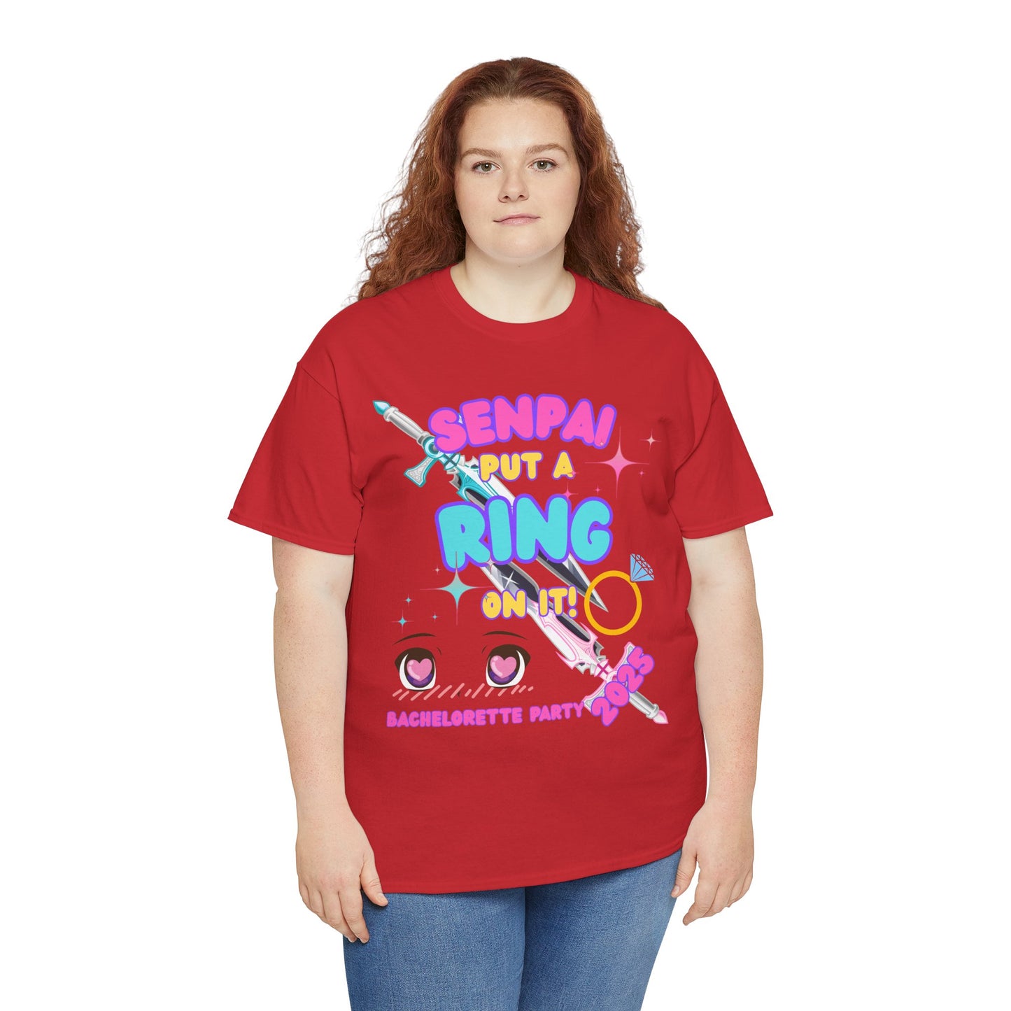 Kawaii Cute Funny Bachelorette Party Tee - "Senpai Put a Ring on It!" Unisex Heavy Cotton T-Shirt, Wedding, Engagement, Anime, Weeb, Otaku, Geek, Nerd