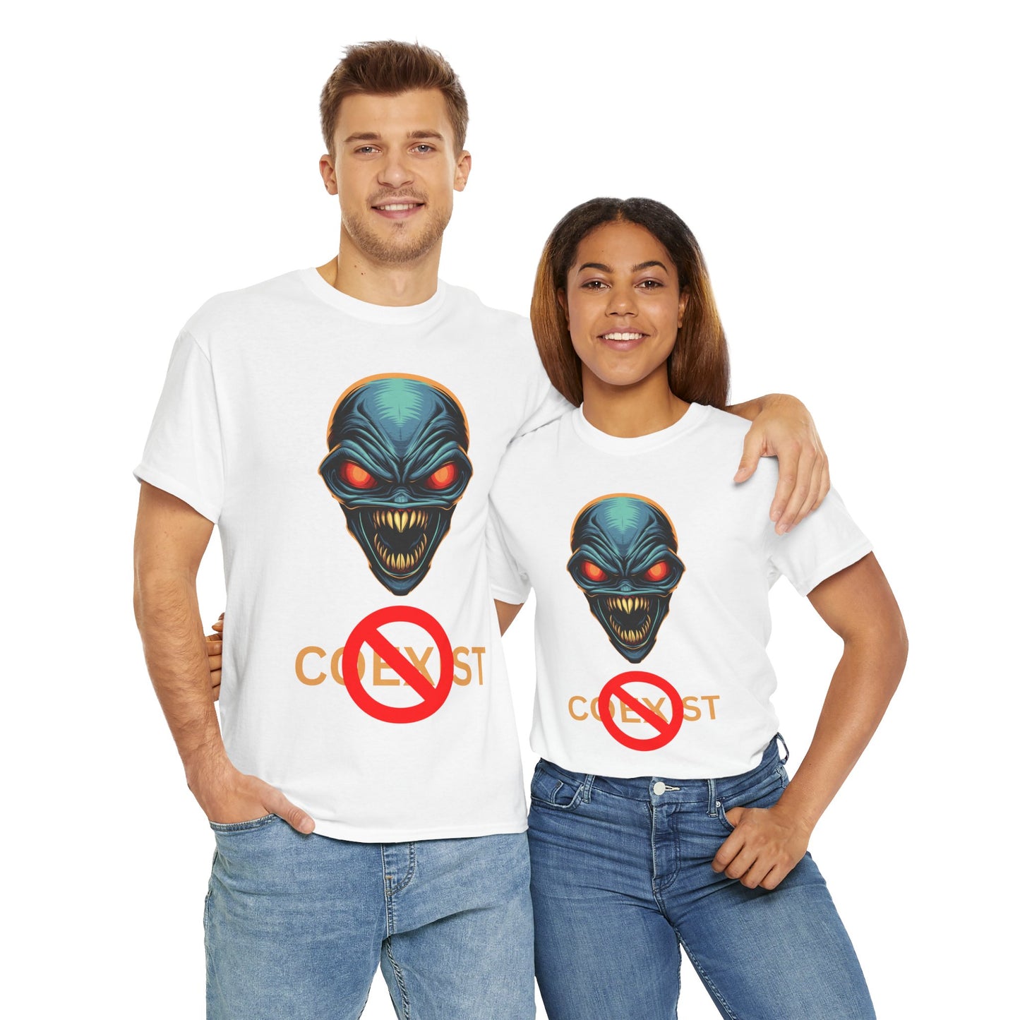 Sci-Fi Coexist No Unisex Heavy Cotton Tee - Cool Alien Head Graphic T-Shirt, Invader, Geek, Nerd