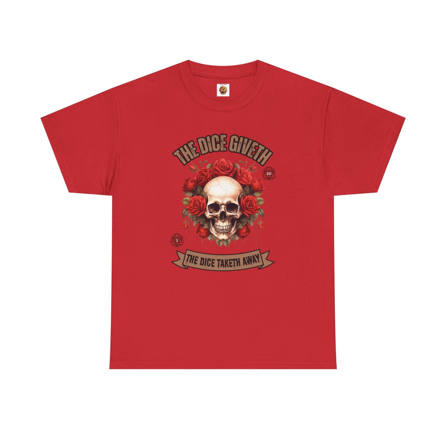 Skull & Roses 'The Dice Giveth The Dice Taketh Away' Graphic Tee, Unisex Heavy Cotton Tee, Casual Wear, Gift for Gamers, Alternative Fashion, D20, DND, RPG, TTRPG, Geek, Nerd